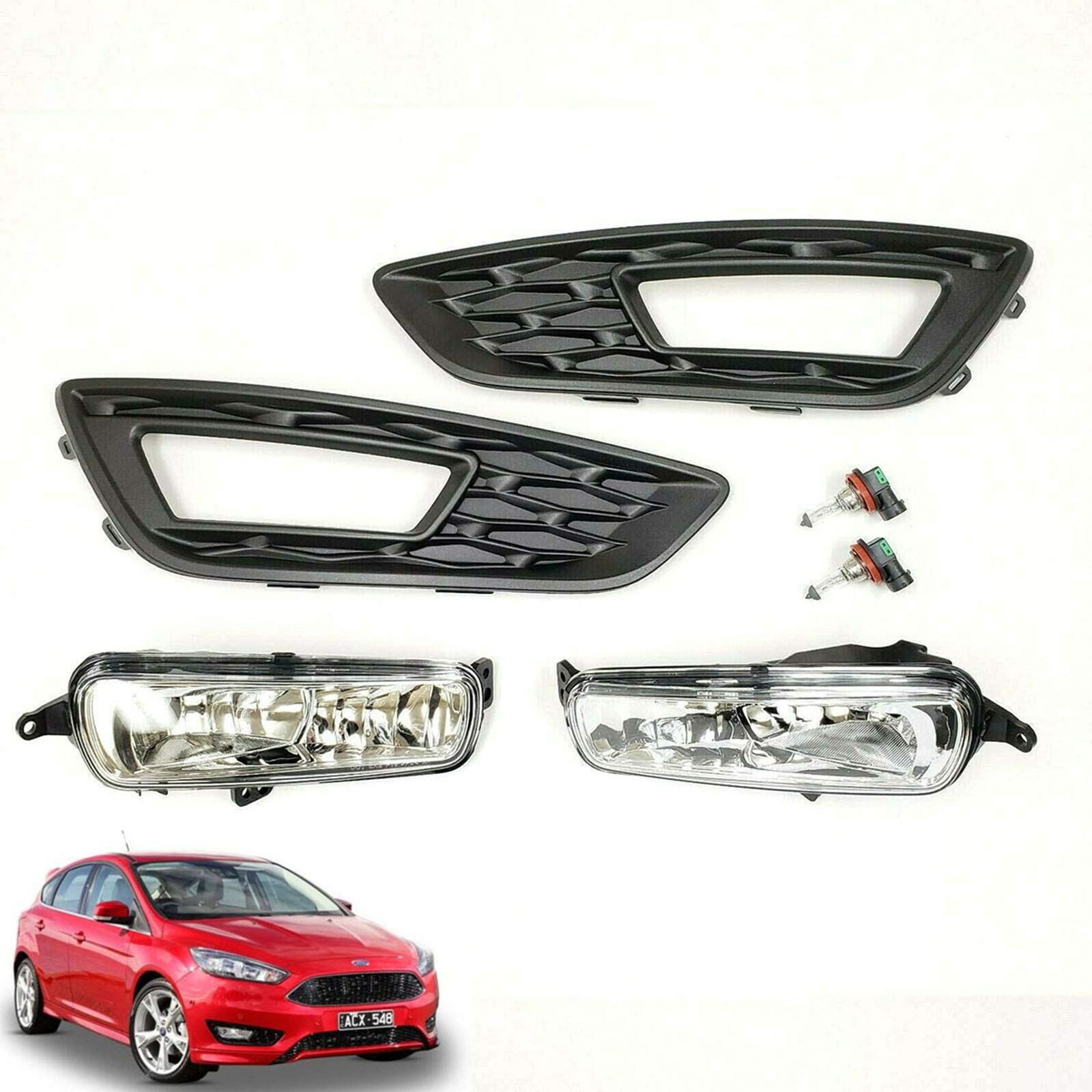 2015-2018 Ford Focus Clear Lens Fog Lights - OEM Style Replacement with Bezel & Bulbs - Improve Visibility for Night Driving & Bad Weather Conditions