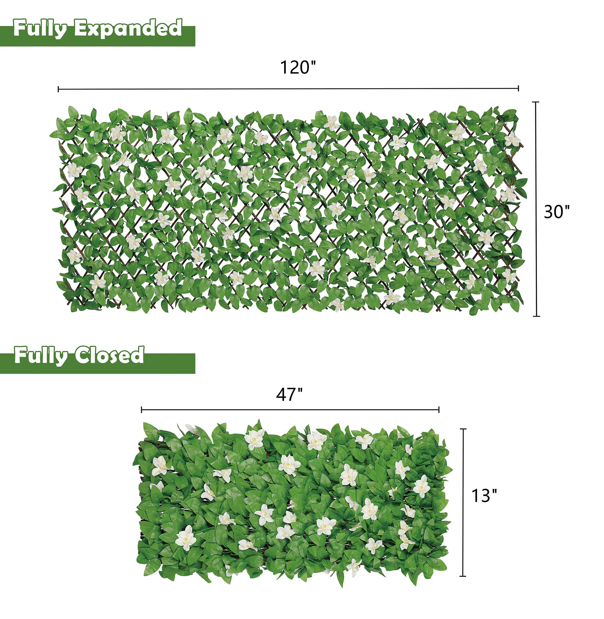 4 Pack Expandable Fence Privacy Screen - Decorative Artificial Ivy Greenery Fencing Panel for Balcony, Patio & Outdoor Spaces - UV Resistant Faux Hedges with White Flowers (Single Sided Leaves) - Perfect for Backyard Privacy, Deck Screening & Garden Decor