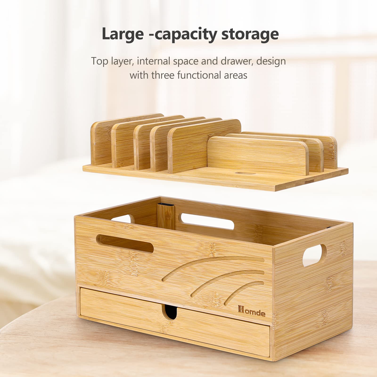 Premium Bamboo Charging Station Organizer - 6-Slot Multi-Device Cord Management Box for Phones, Tablets, Watches & Electronics | Natural Wood Desktop Charger Holder | Perfect for Home, Office & Travel Use