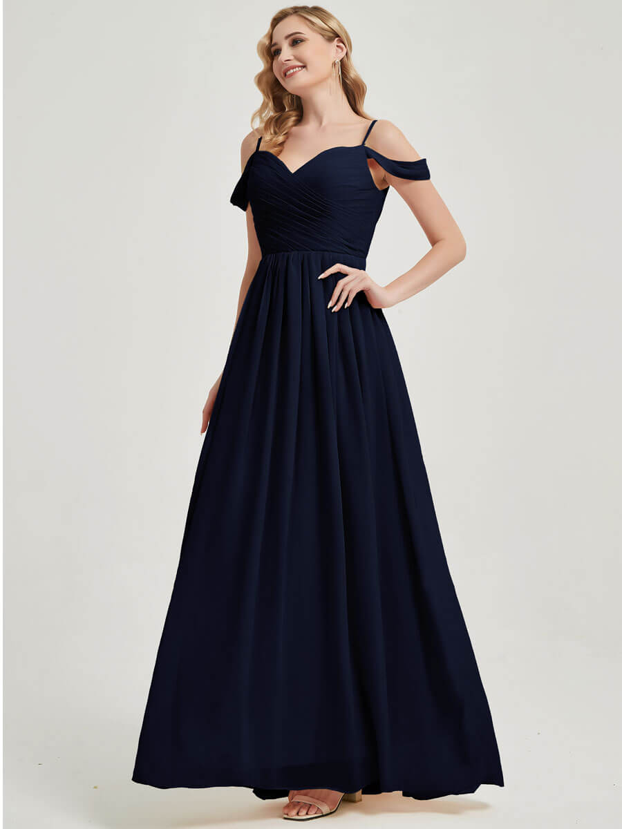 Elegant Dark Navy Bridesmaid Dress with Cold Shoulder & Spaghetti Straps - Pleated Chiffon Formal Gown for Weddings, Parties & Special Occasions