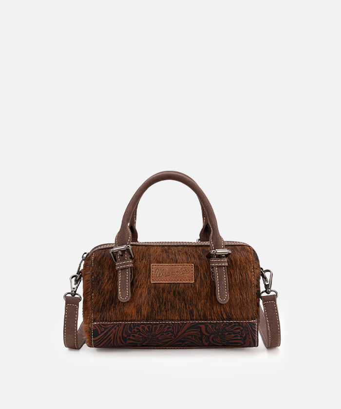 Wrangler Genuine Hair-On Cowhide Barrel Bag - Western Style Leather Crossbody Purse for Women | Perfect for Rodeo, Country Music Festivals & Everyday Use
