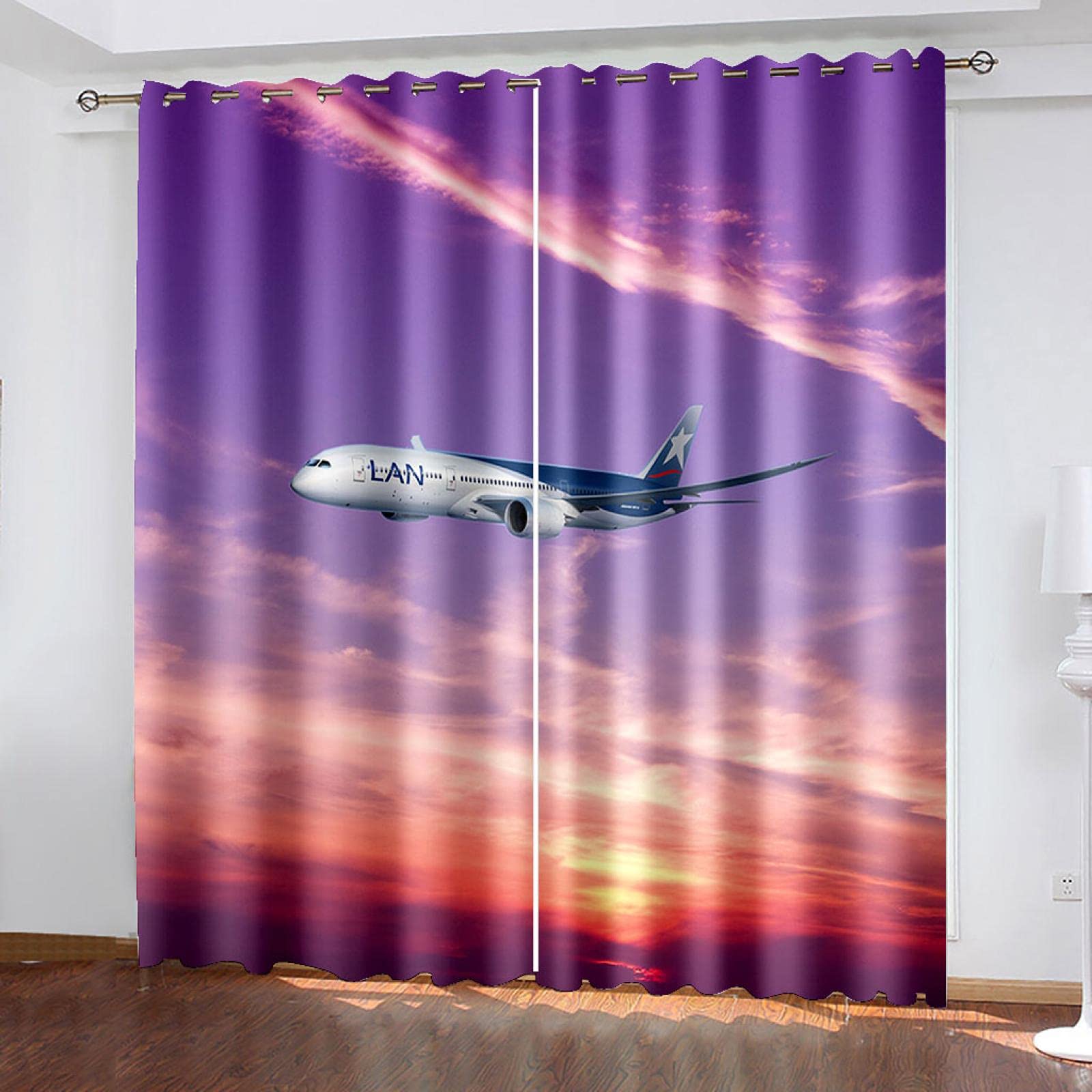 WYTCY Thermal Insulated Airplane Curtains for Boys Bedroom - Purple Sky Design, 55 x 64 Inches, Set of 2 Panels - Perfect for Nursery, Kids Room & Living Room | Blackout & Energy Saving Window Treatment