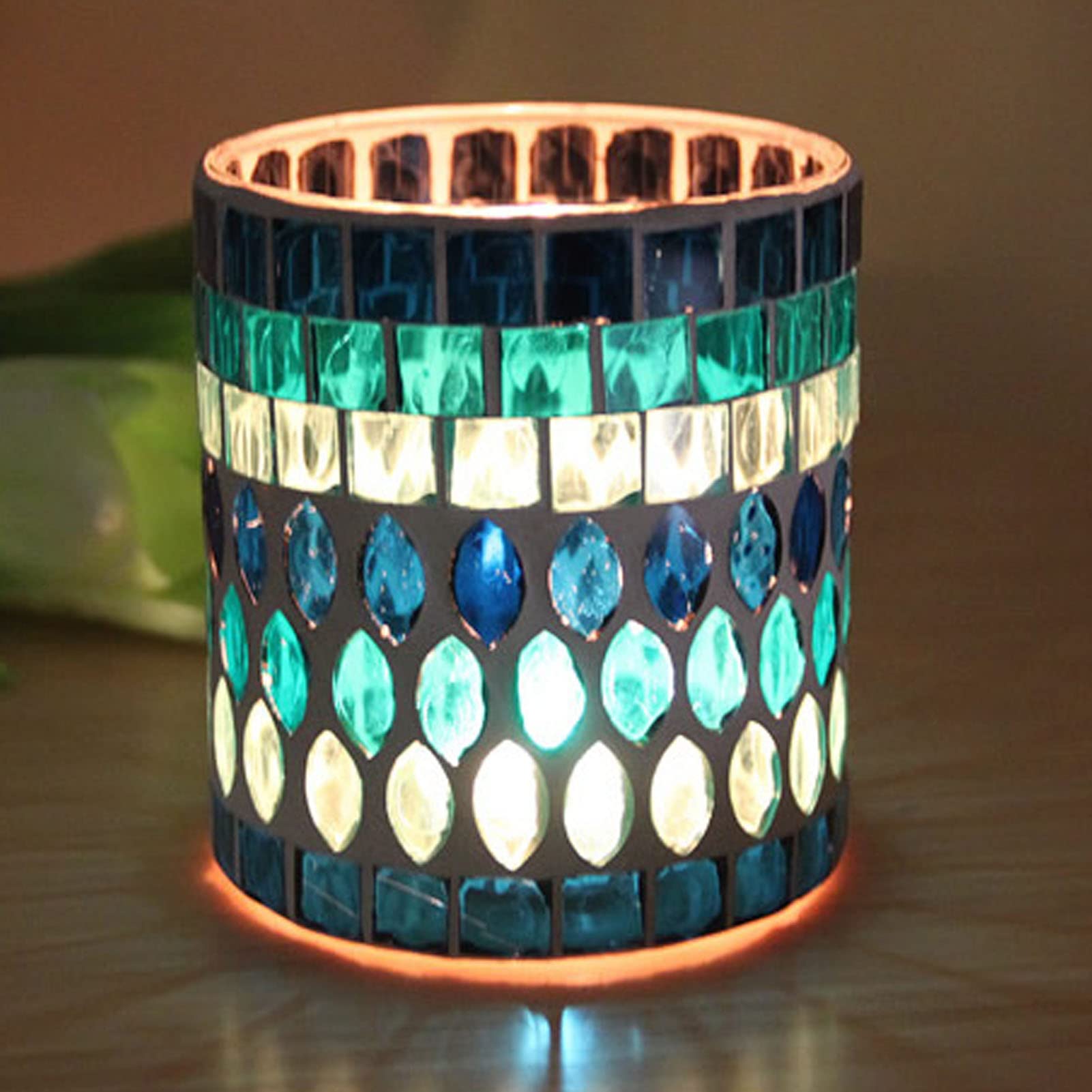 Handmade Mosaic Glass Candle Holder - Blue Votive Tealight Holder for Home Decor, Wedding Centerpiece, Romantic Dinner Ambiance