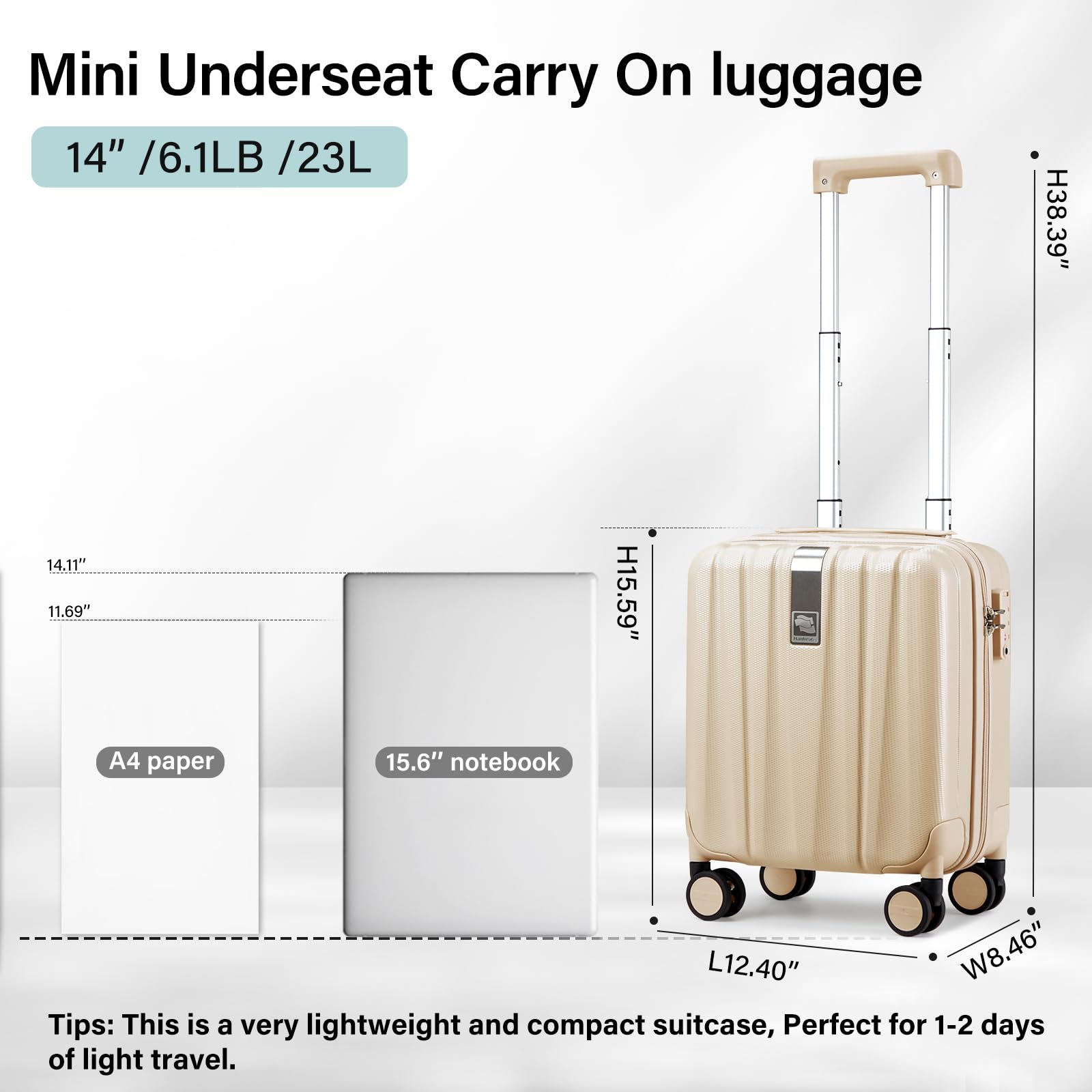 Hanke 14 Inch Underseat Carry On Luggage with Wheels - Lightweight Hard Shell Suitcase for Air Travel, Compact Spinner Cabin Bag Perfect for Business Trips & Weekend Getaways (Cuba Sand) - Ideal Christmas & Birthday Gift for Frequent Travelers