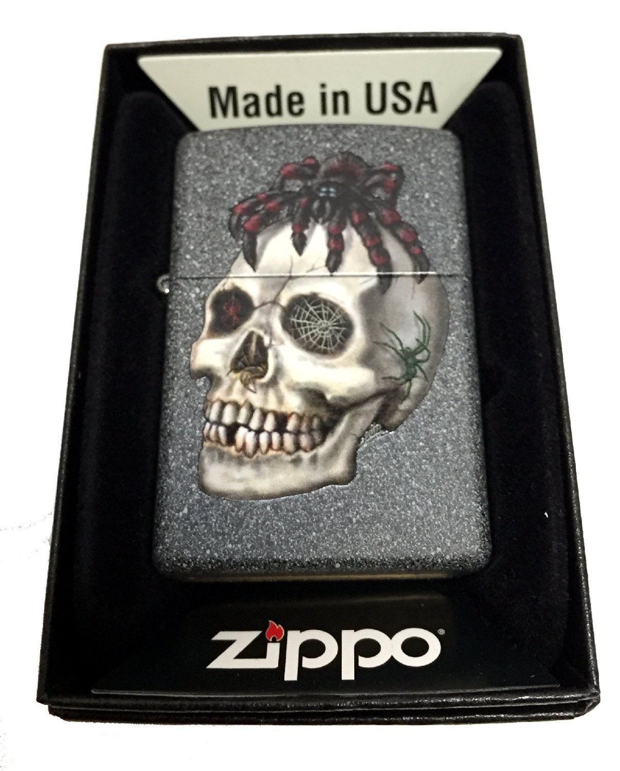 Zippo Custom Lighter with Tarantula on Skull Design - Regular Iron Stone Matte Finish - Perfect for Collectors, Outdoor Adventures & Gifts