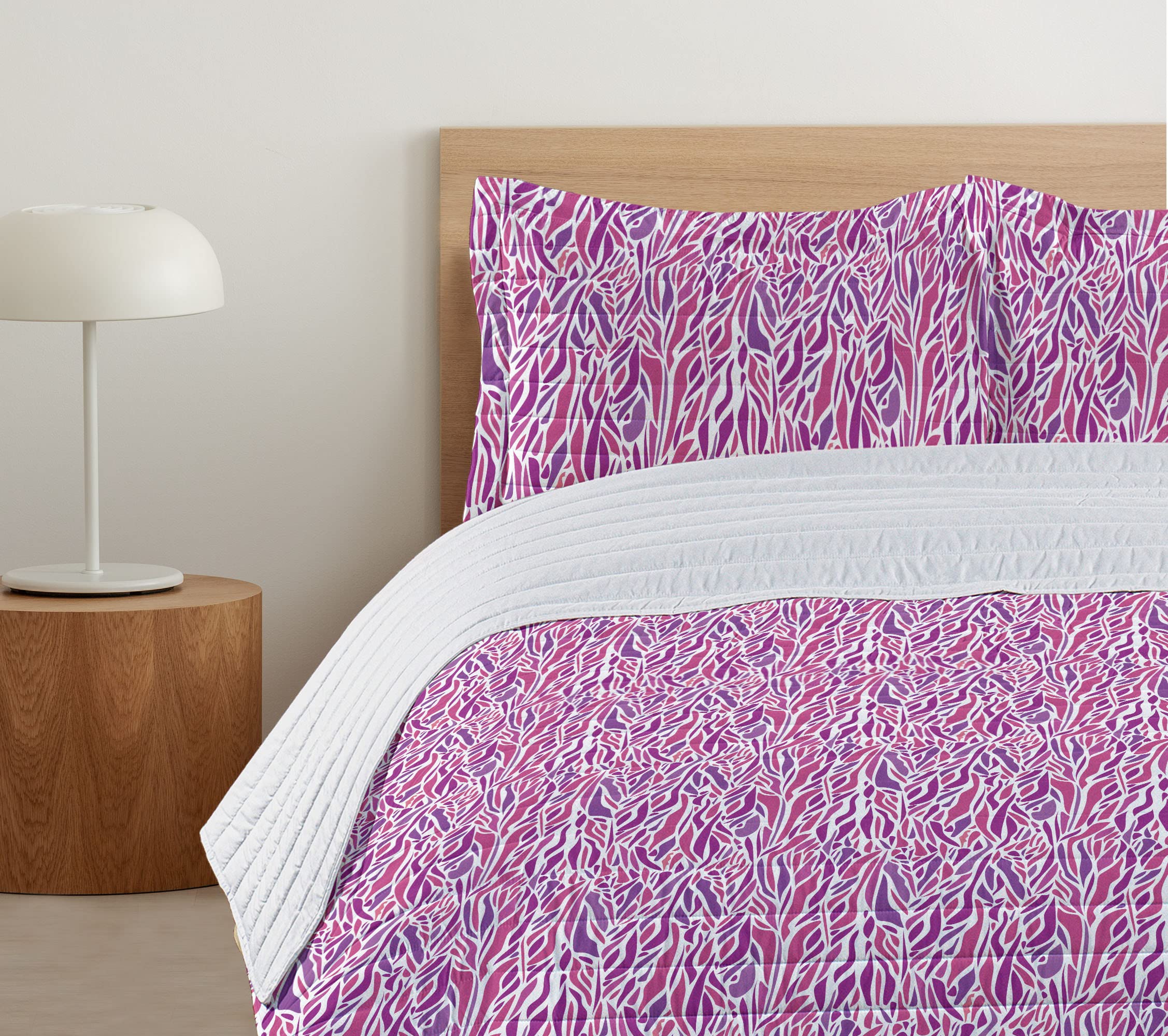 Ambesonne Modern Microfiber Bedspread Set - King Size Fuchsia Purple & White Abstract Pattern with Curved Spots & Drop Shapes | Soft Comforter & Pillow Shams | Perfect for Master Bedroom, Guest Room & Dorm Decor
