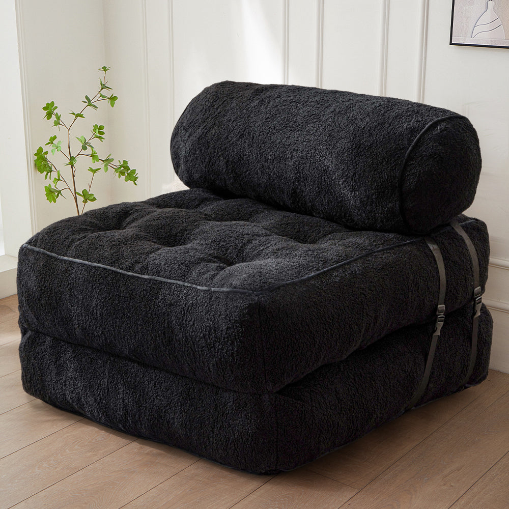 MAXYOYO Folding Sofa Bed - Convertible Boucle Sleeper Chair with Bolster Pillow, Multi-Functional Floor Sofa Lounge for Living Room & Bedroom (Black) | Perfect for Small Spaces, Guest Rooms & Apartment Living