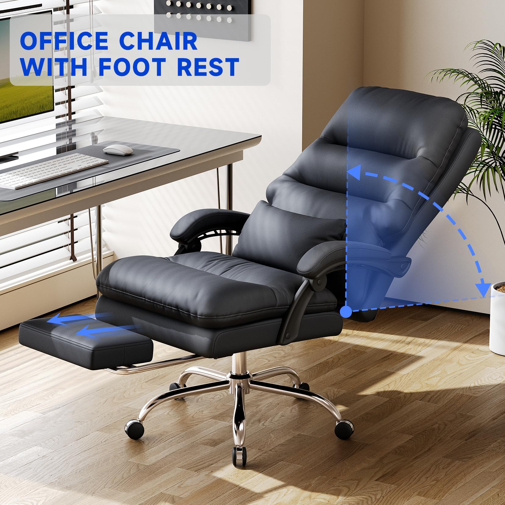 Ergonomic Big and Tall Office Chair - 400LBS Weight Capacity PU Leather Executive Desk Chair with Adjustable Lumbar Support & Footrest - Perfect for Home Office, Gaming, and Professional Workspaces (Black)