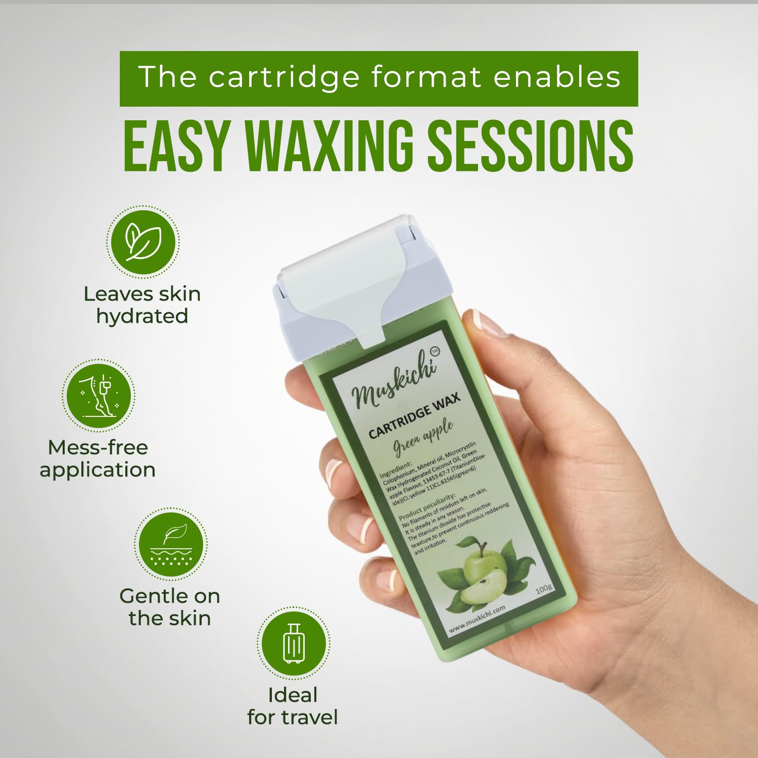 MUSKICHI Green Apple Roll-On Wax Cartridge – 100ml (Pack of 1) | Painless Hair Removal Wax for Men & Women | All Skin Types | Refillable Body Waxing Kit for Legs, Arms, Bikini & Face | Easy At-Home Waxing Solution