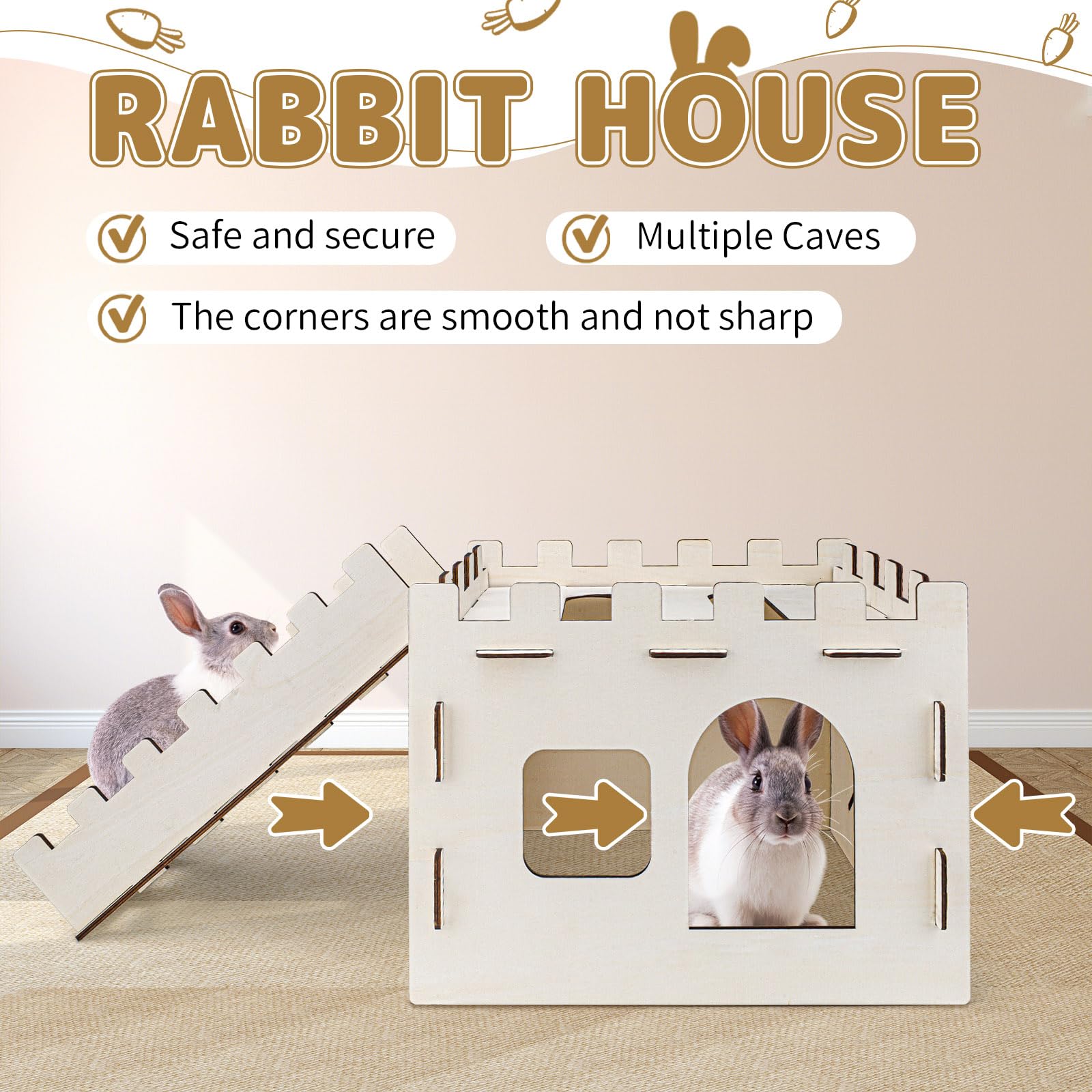 Wooden Rabbit Hideout Castle with Stairs - Indoor Rabbit House for Small Pets Like Guinea Pigs & Chinchillas - Perfect for Playtime, Resting & Cage Enrichment