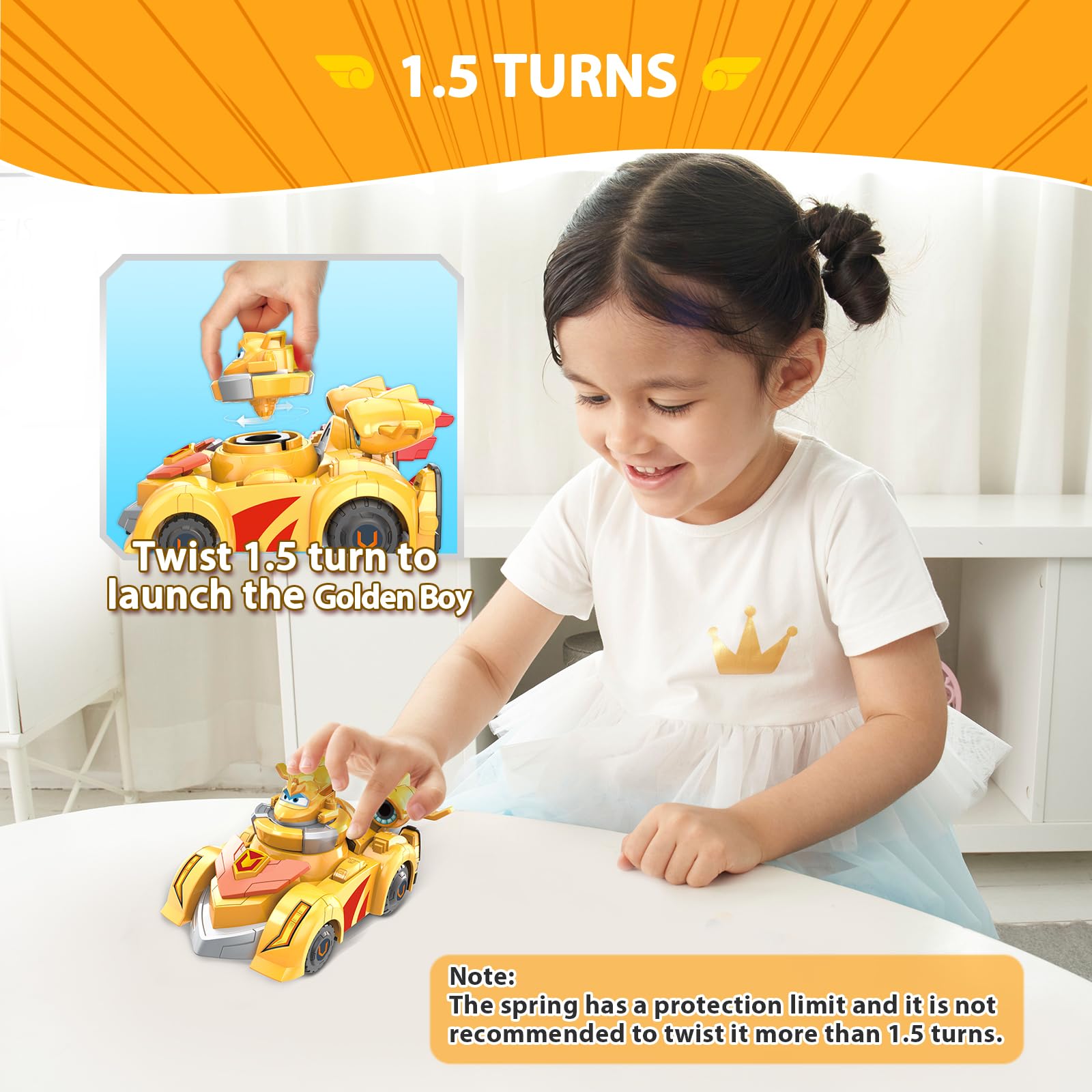 Super Wings Race Car Toys for Kids - 2-in-1 Spinning Tops & Vehicle Set with Golden Boy (5 Pack) - Fun Educational Toys for Boys Ages 3-8 - Perfect for Birthday Gifts, Playtime & Racing Games
