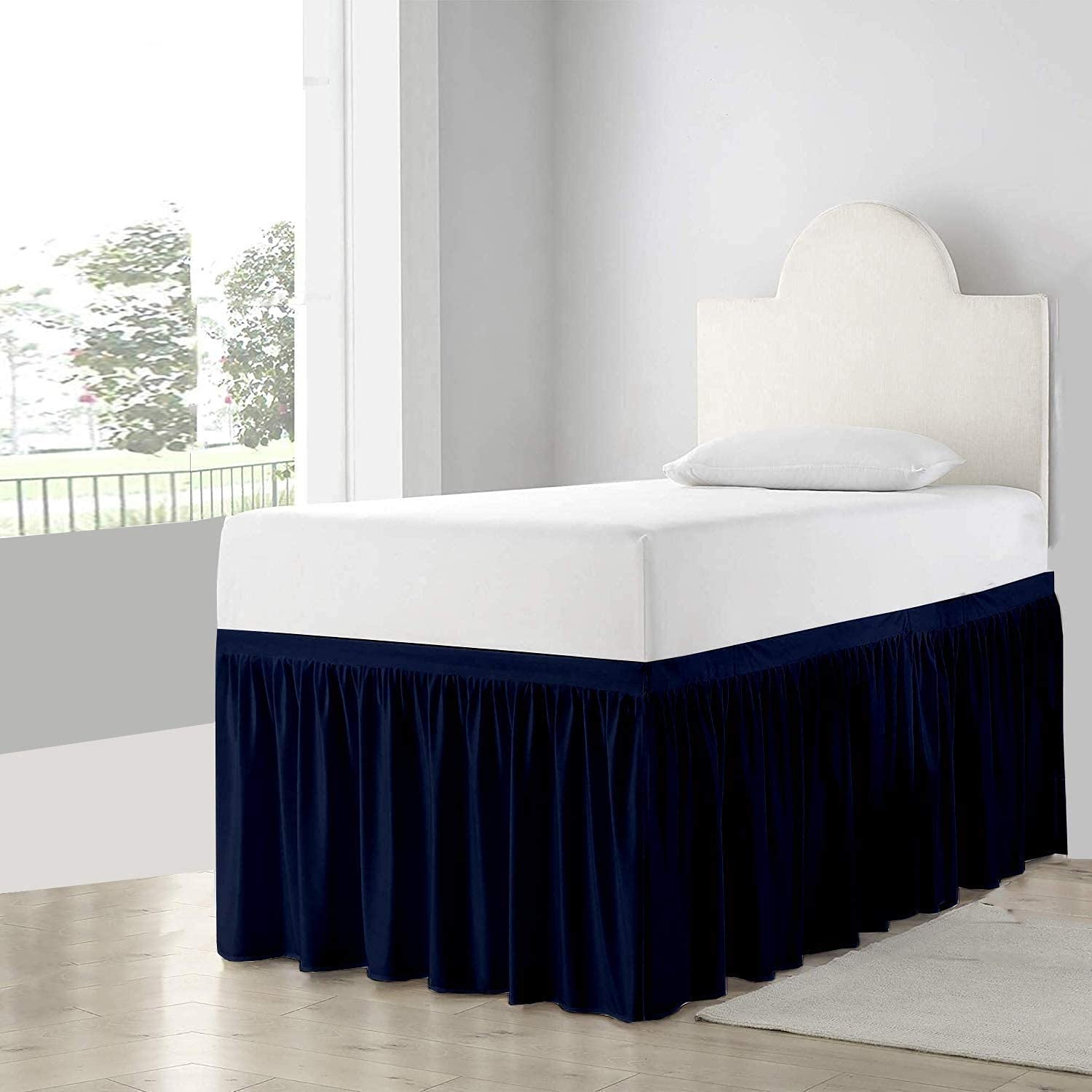 Ruffled Twin XL Bed Skirt - 46 Inch Drop Navy Blue Dorm Bedding with 3-Sided Fabric Coverage | Perfect for College Dorm Rooms & Small Space Decor