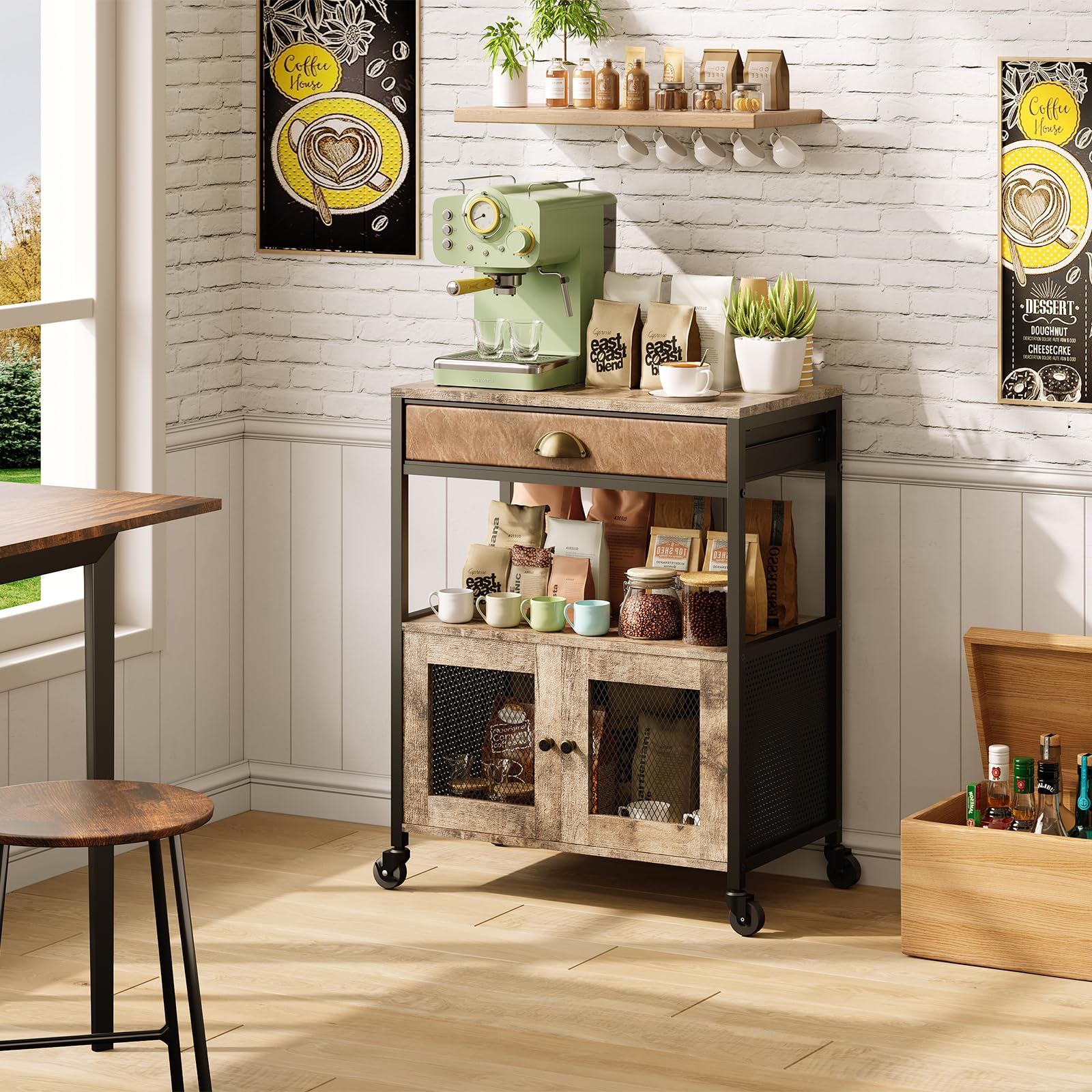 X-cosrack 3-Tier Rolling Coffee Bar Cabinet with Drawer - Farmhouse Style Mobile Kitchen Cart for Coffee Station, Living Room, Entryway & Dining Room - Perfect for Home Brewing, Entertaining & Small Space Storage