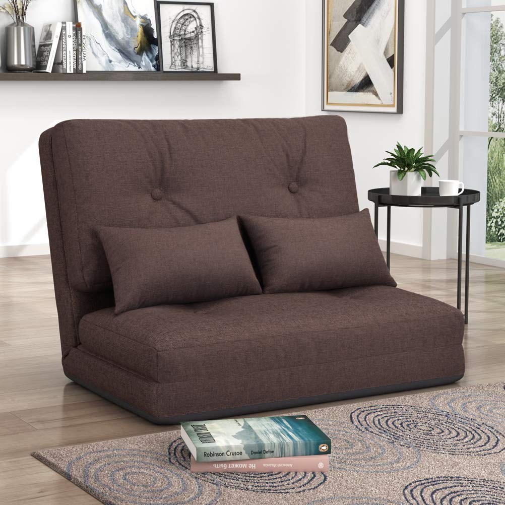 Adjustable Folding Futon Sofa Bed with 2 Pillows - 5-Position Recliner, Foldable Sleeper Couch for Living Room & Guest Room - Modern Lounge Furniture for Small Spaces, Home Theater & Dorm Rooms (Brown)