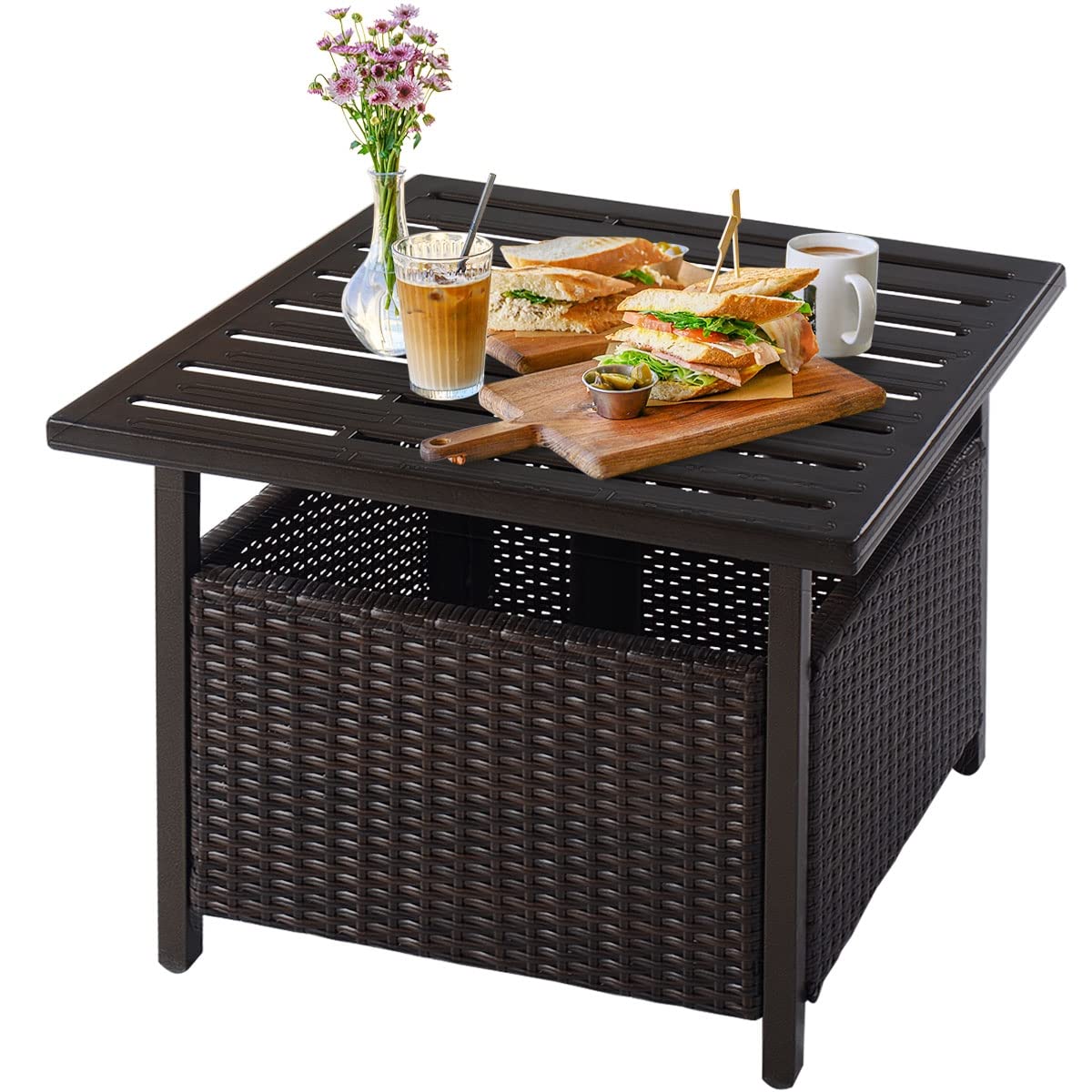Outdoor Bistro Table - Rattan Wicker & Steel Side Deck Dining Table with Umbrella Hole - Perfect for Patio, Garden, and Poolside Dining