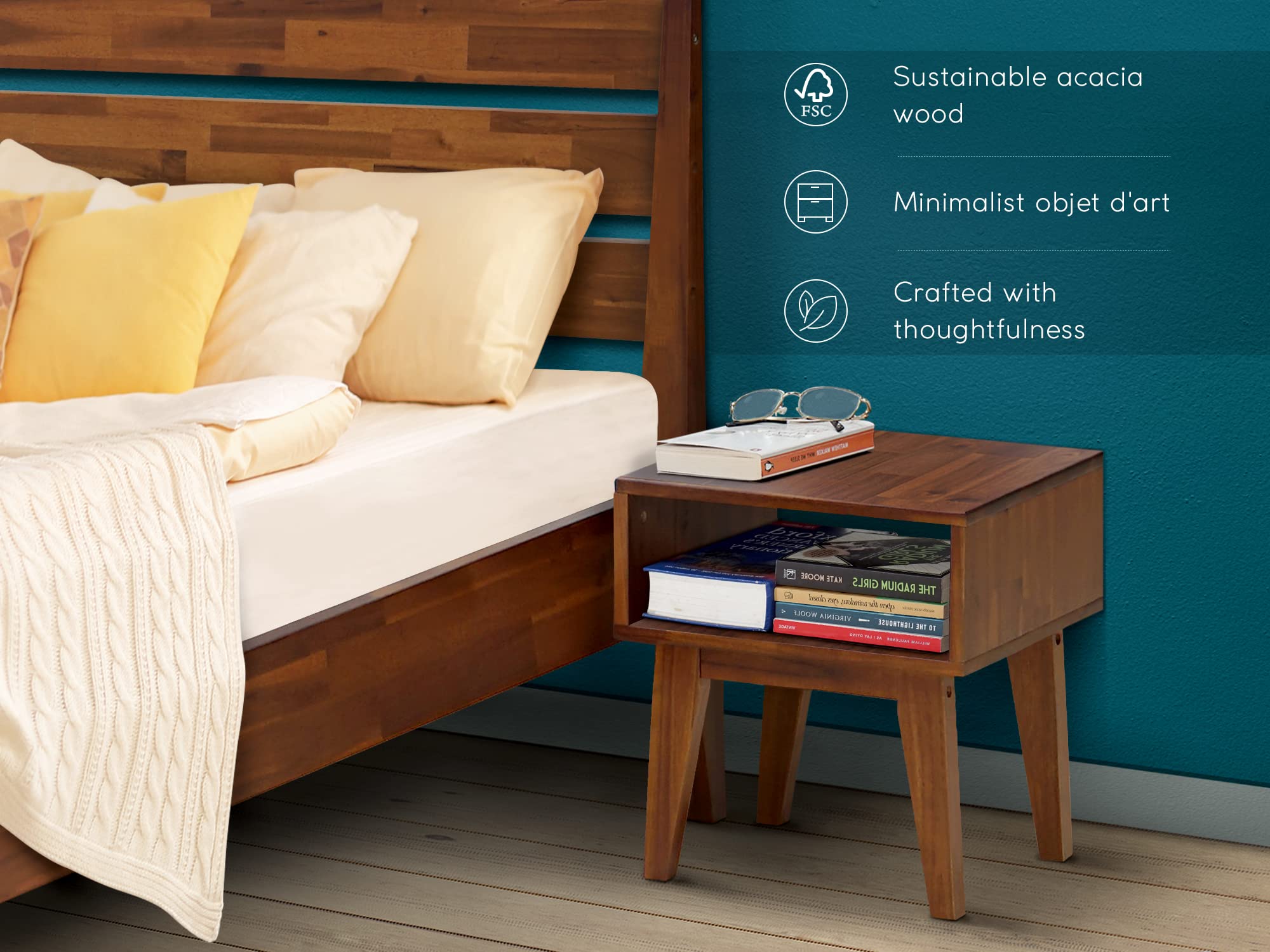 Solid Wood Acacia King Size Bed Frame with High Headboard & Nightstand - 2-Piece Bedroom Set, No Squeak Construction, Easy Assembly in One Box (Walnut Finish) - Perfect for Master Bedrooms, Guest Rooms & Small Spaces
