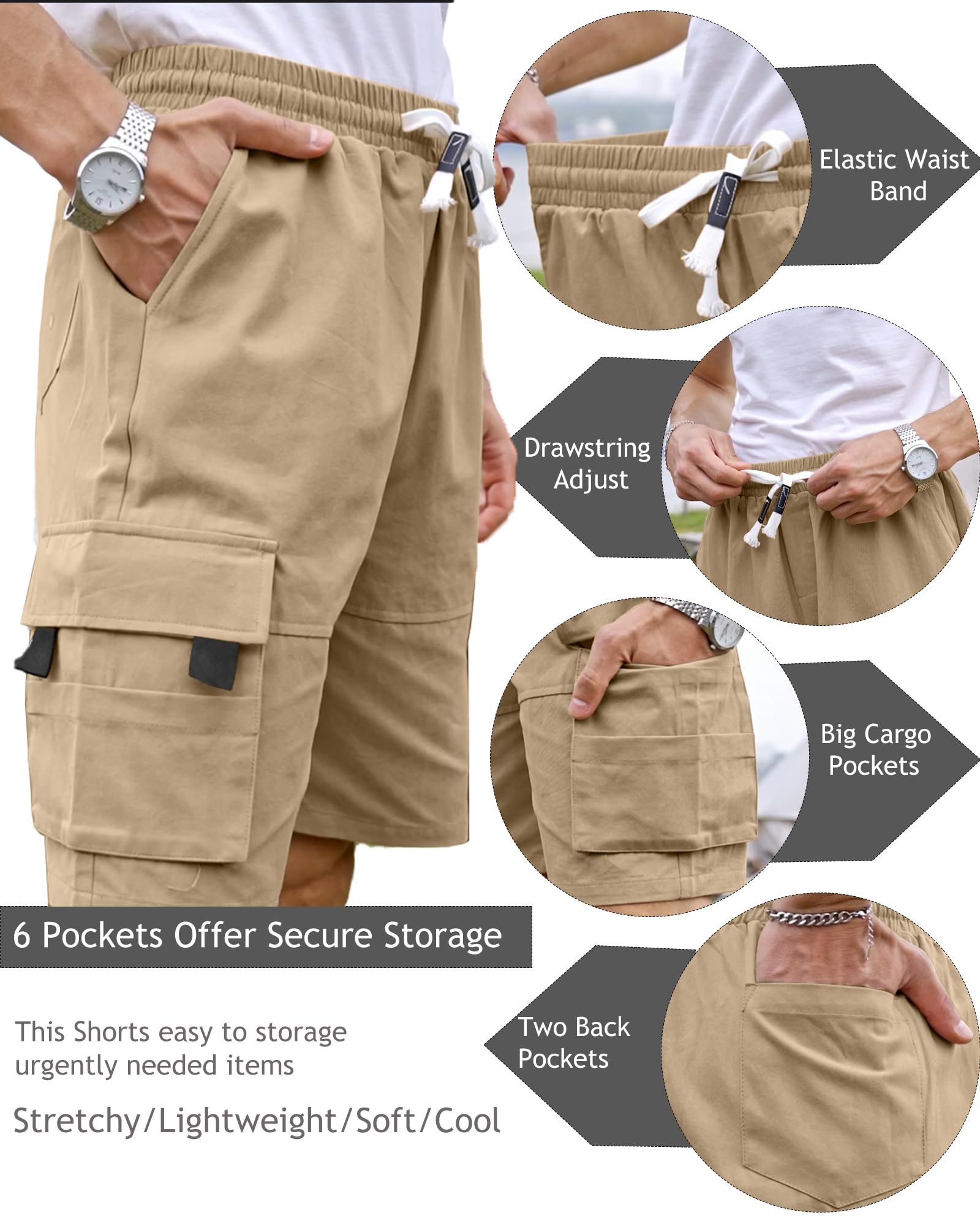 NANAMEEI Men's Elastic Waist Cargo Shorts - Summer Work Shorts with Multiple Pockets for Outdoor, Casual, and Travel Wear