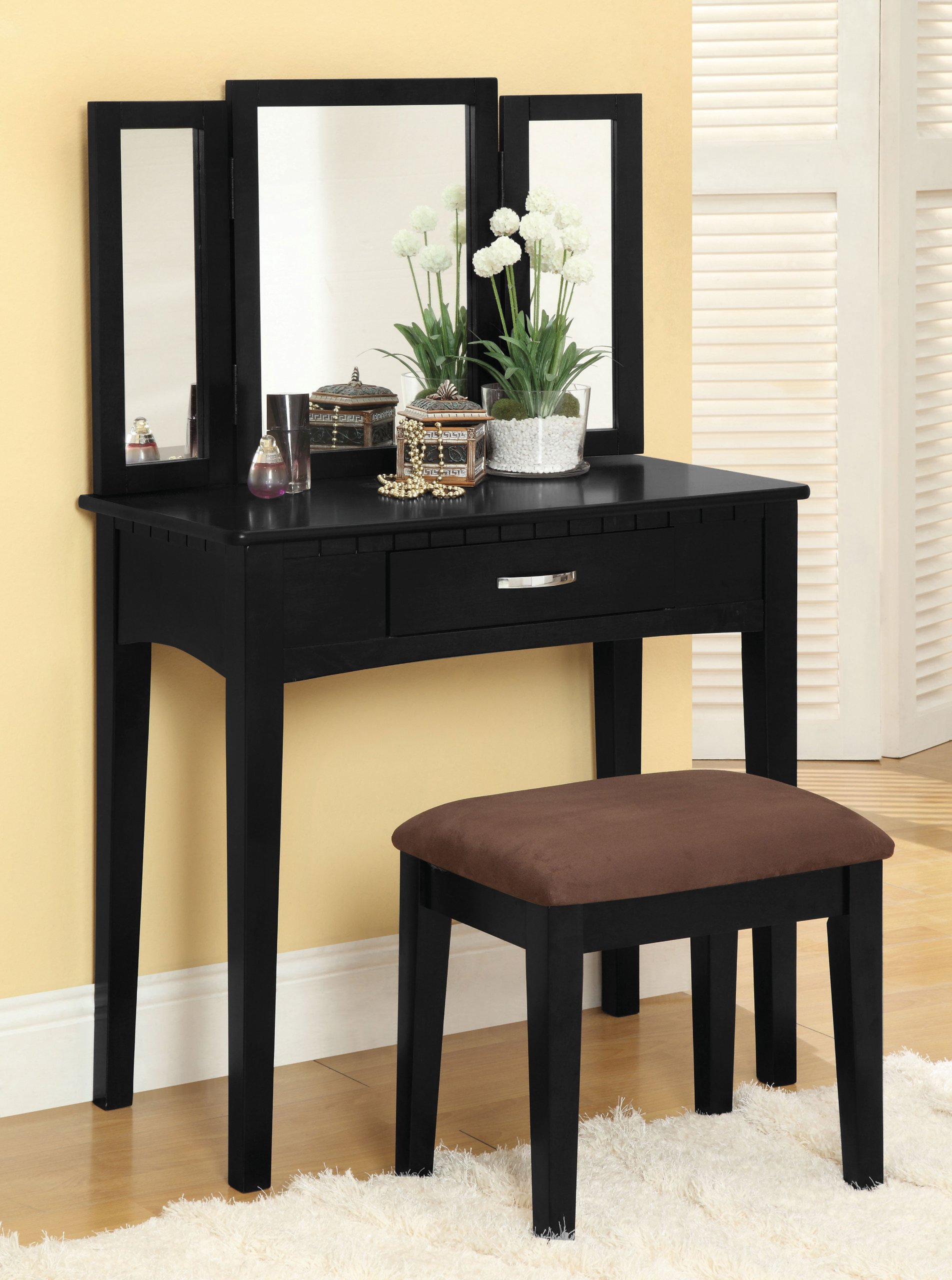 Furniture of America Potterville Vanity Set in Black - Elegant Dressing Table with Mirror for Bedroom & Bathroom Makeup Area
