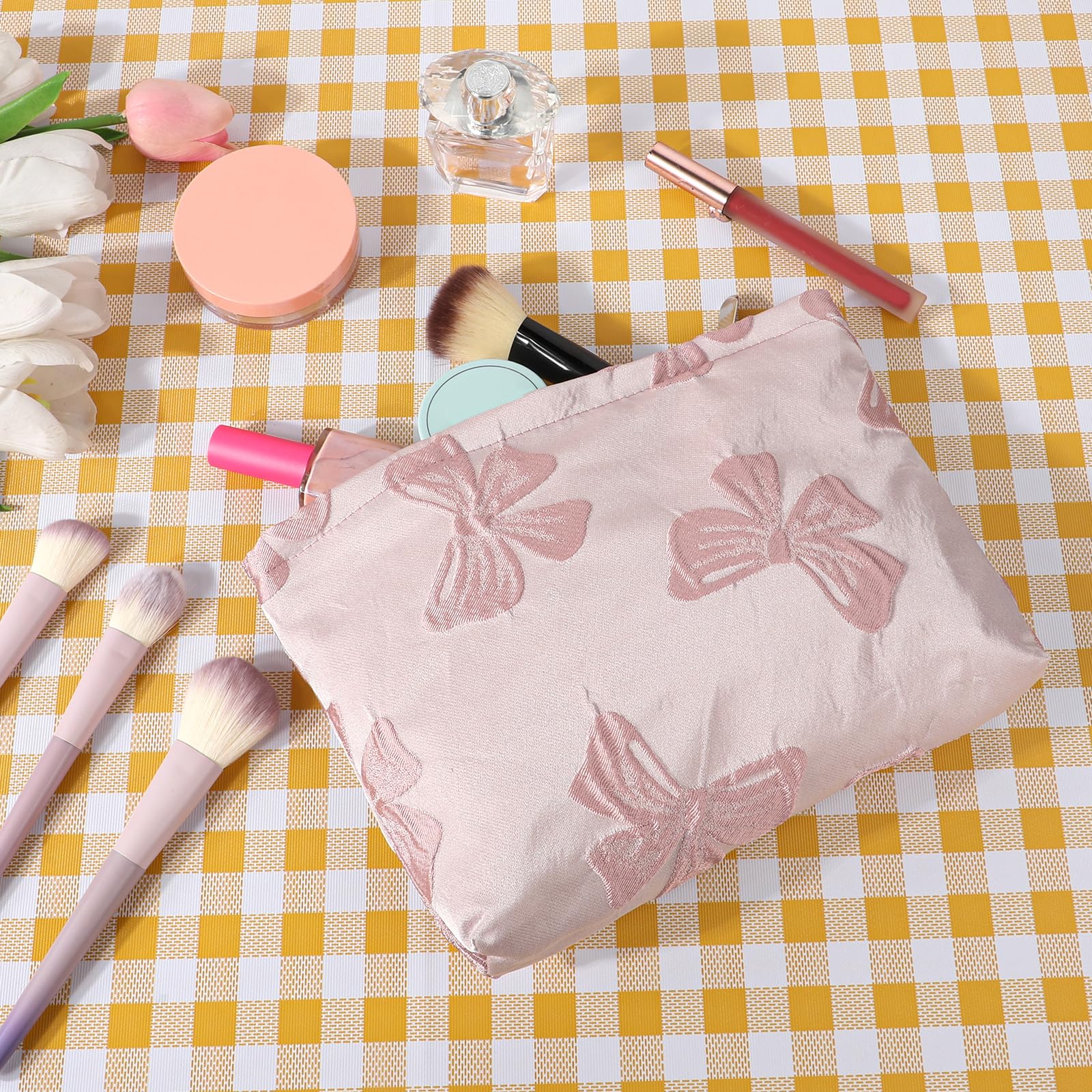 Large Makeup Bag for Women - Cute Aesthetic Preppy Cosmetic Pouch with Zipper, Bow Design & Canvas Material | Travel Toiletry Organizer, Skincare Storage | Perfect for Travel, Gym, Daily Use & Gift Giving