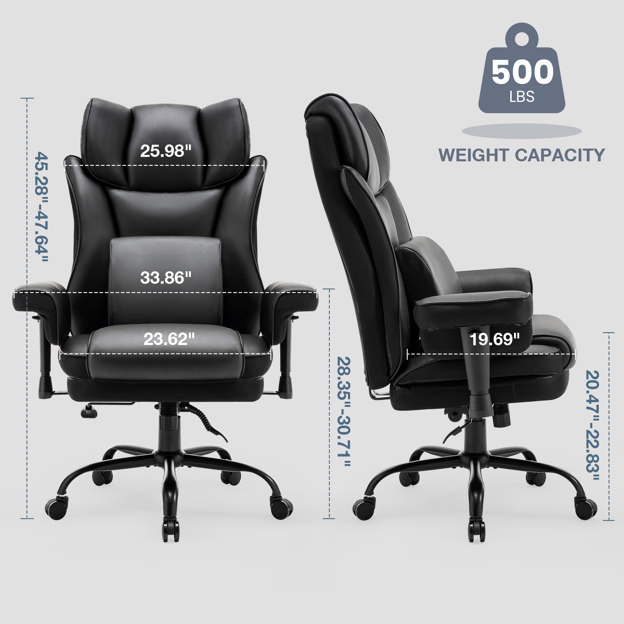 Big and Tall Office Chair for Heavy People up to 500lbs - Ergonomic High Back Executive Desk Chair with Adjustable Height, Lumbar Support & Padded Armrests - Rocking Massage Function (Dark Black) - Perfect for Home Office, Gaming & Workspaces
