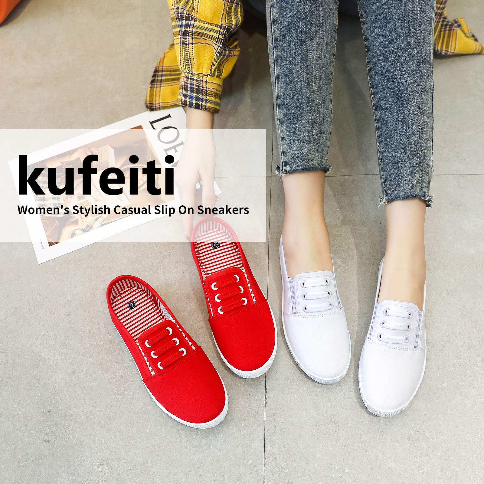 Kufeiti Women's Canvas Slip-On Sneakers - Comfortable Elastic Fashion Shoes in White & Black for Casual Wear, Walking & Everyday Outfits