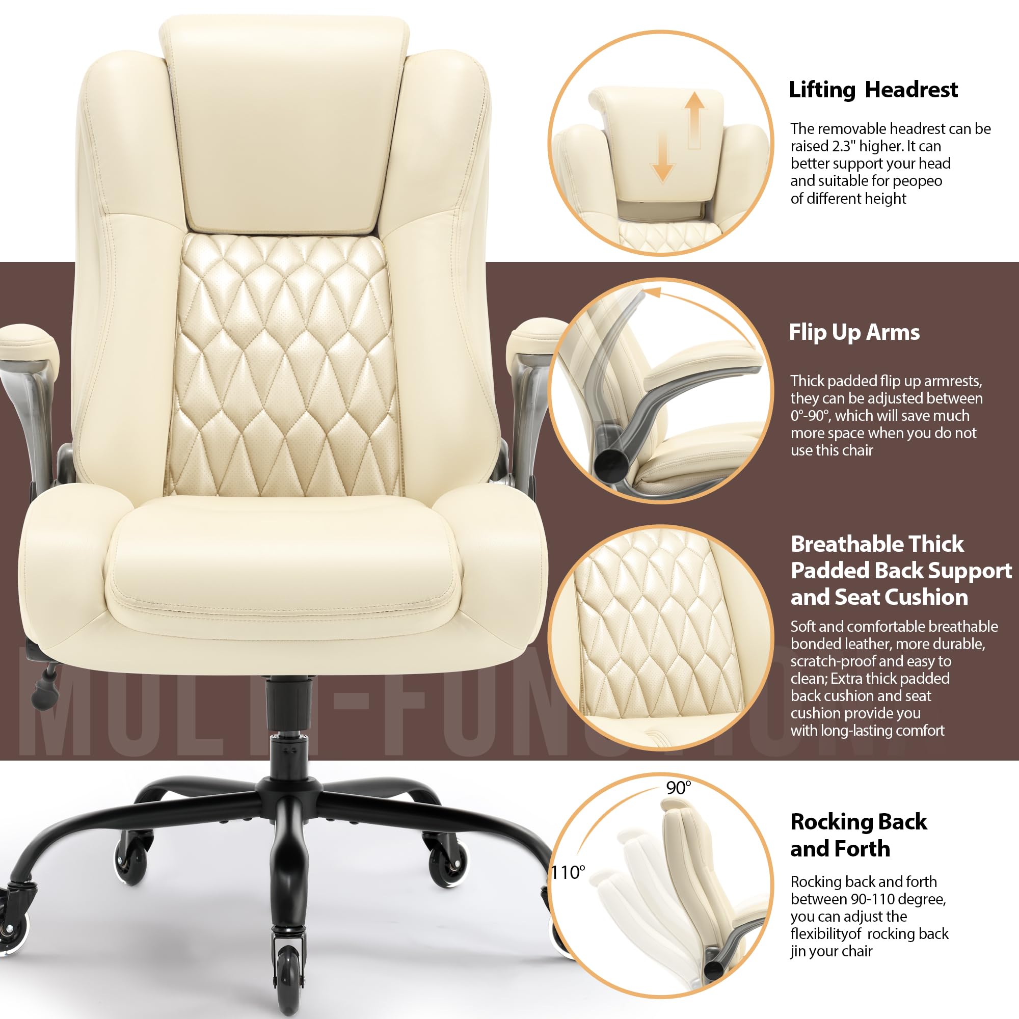 Ergonomic High Back Office Chair with Flip-Up Armrests & Adjustable Lumbar Support - Executive Desk Chair with Lift Headrest & Sturdy Metal Base for Home Office, Gaming & Workspace Comfort