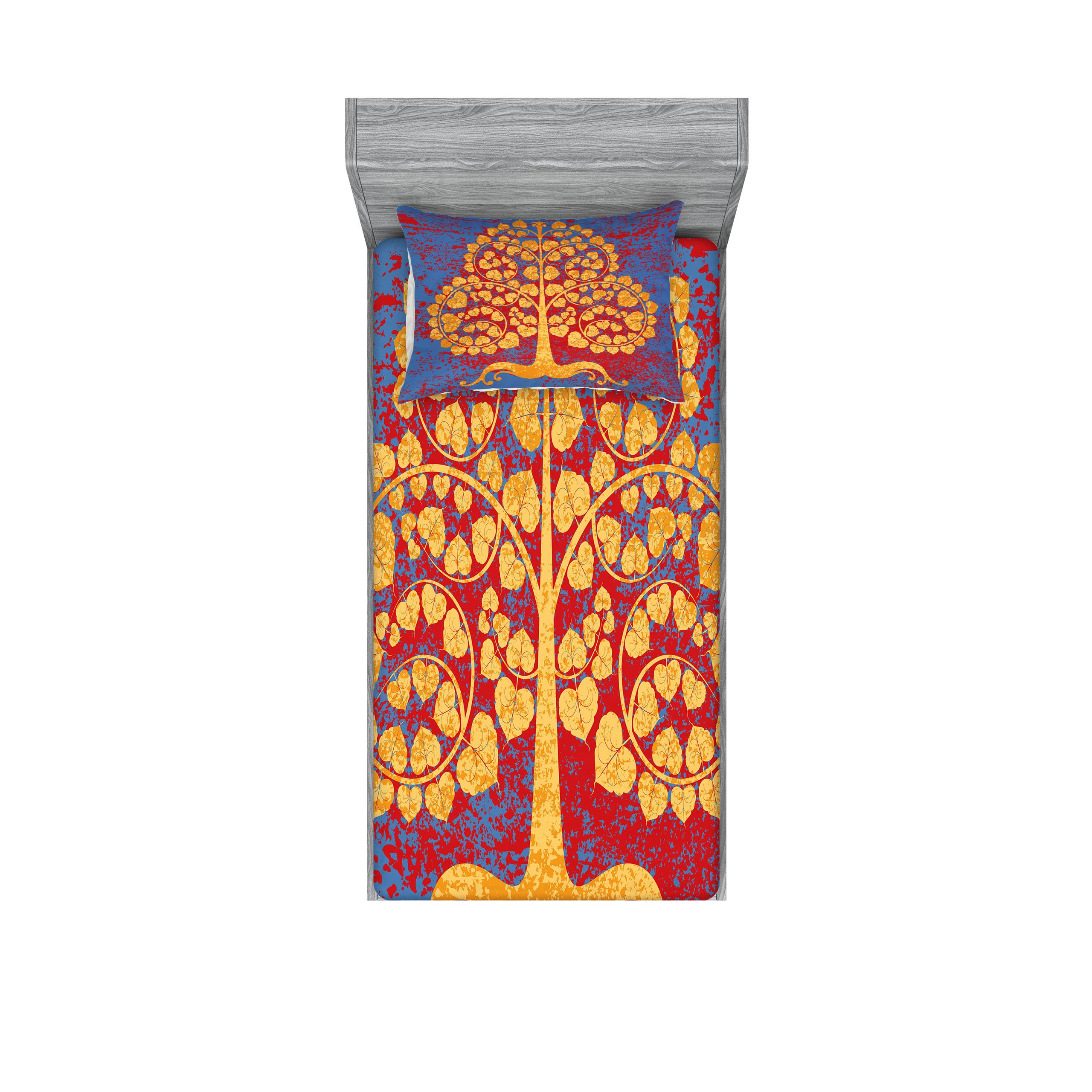 Lunarable Asian Fitted Sheet & Pillow Sham Set - Tree Swirled Branches Artwork Grunge Style Abstract Printed 2-Piece Bedding Decor, Twin XL, Marigold Blue Red | Perfect for Bohemian Bedroom, Guest Room & Dorm Decor
