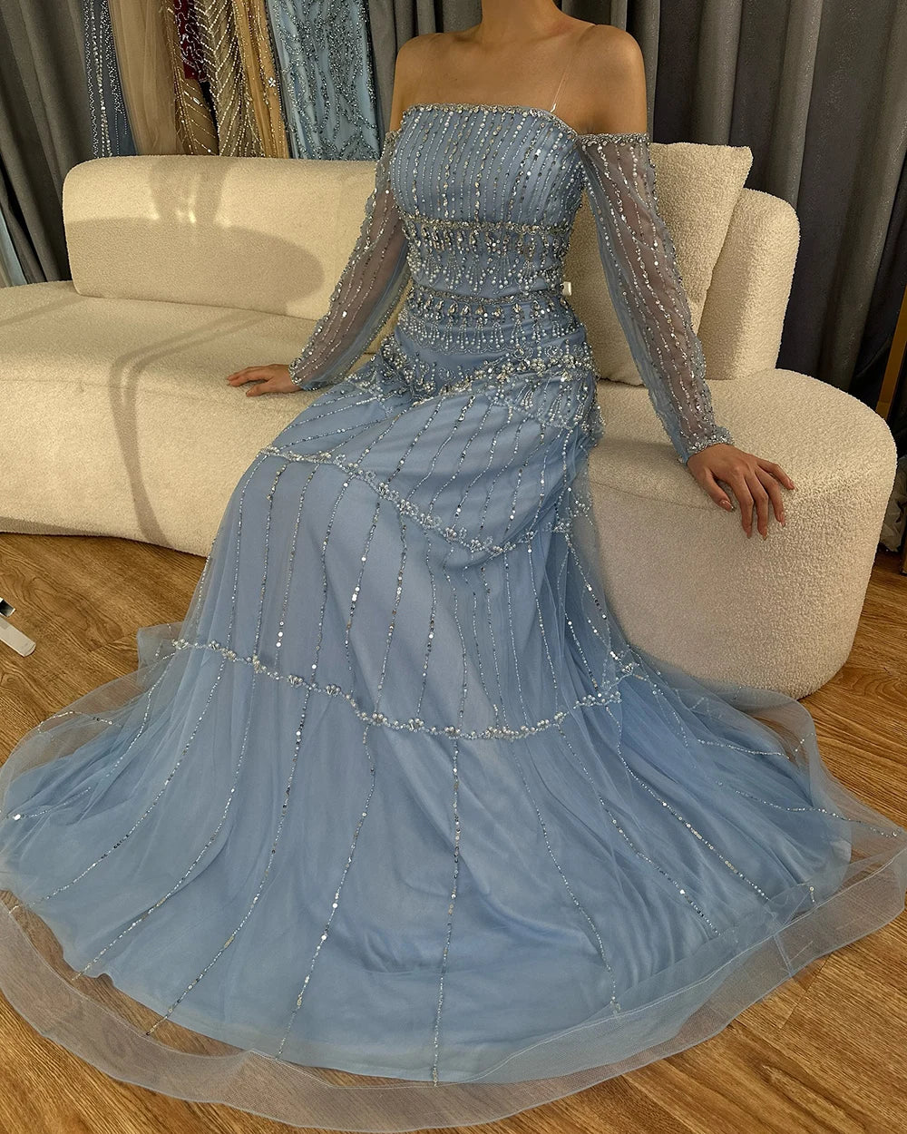 Serene Hill Dubai Arabic Sage Green Mermaid Luxury Evening Gown Beaded Party Dress for Women's Wedding 2025 LA72350 | Elegant Formal Gown for Prom, Red Carpet, Gala & Special Occasions
