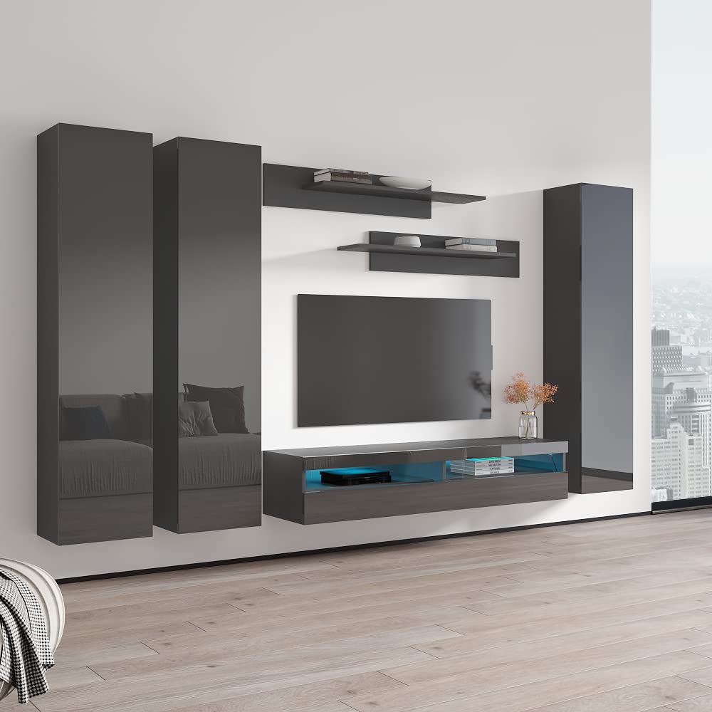 Modern Wall-Mounted TV Stand with Storage Shelves & LED Lights - 35