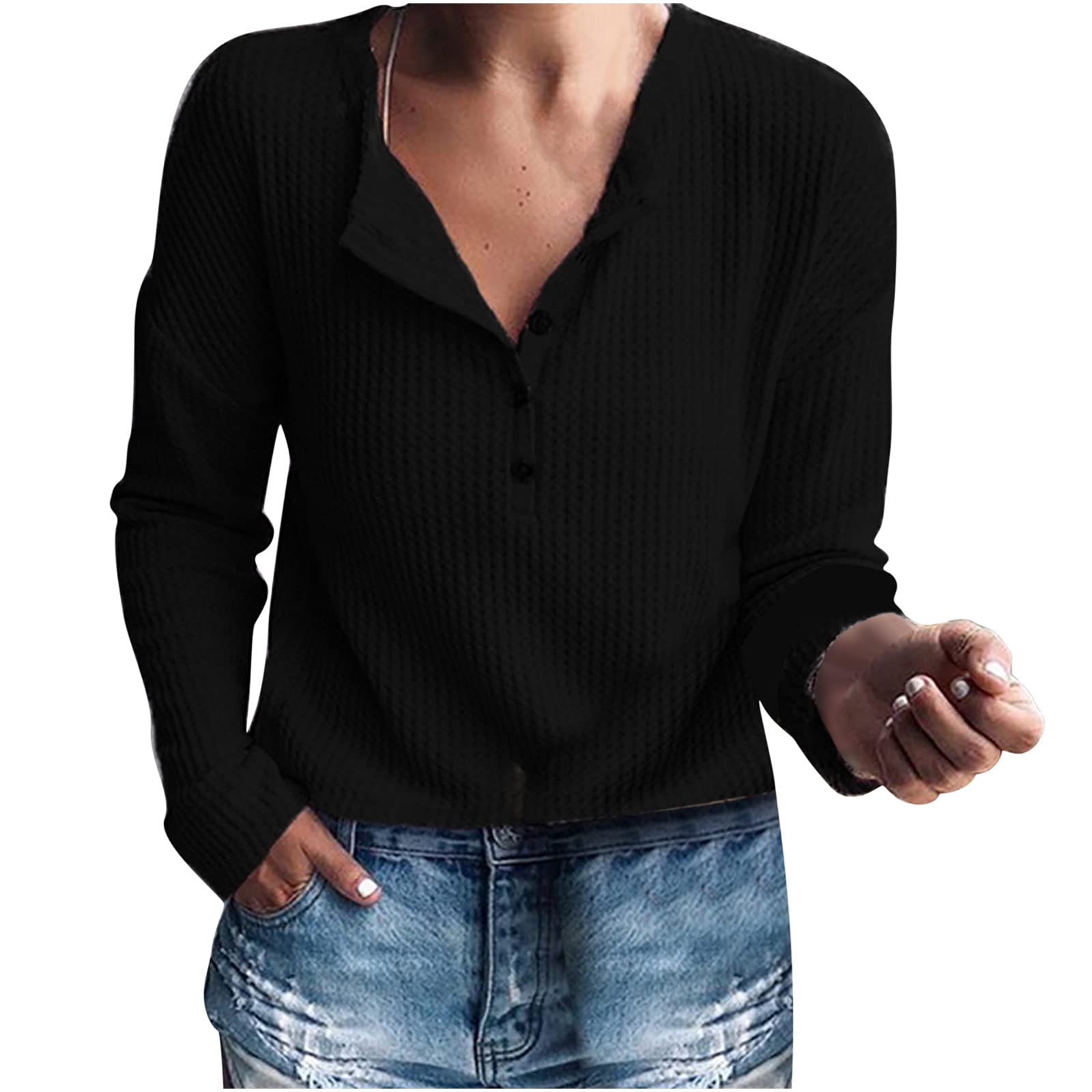 Women's Waffle Knit Tunic Tops - Button Up V Neck Henley Long Sleeve Shirt - Casual Loose Pullover Blouse for Fall & Winter | Work, Travel, Layering Outfits