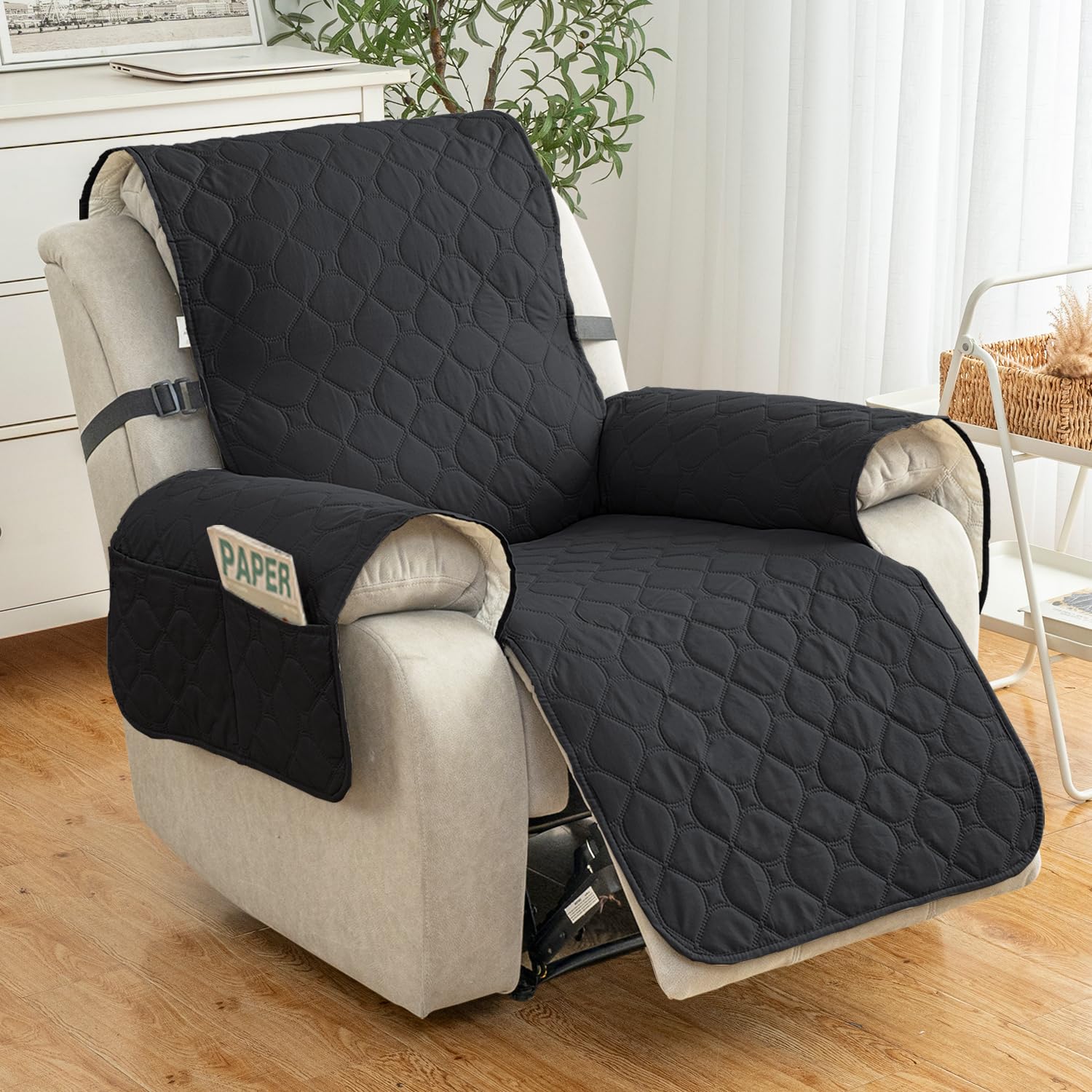 100% Waterproof & Non-Slip Recliner Sofa Slipcover - Washable Pet-Friendly Chair Cover with Elastic Straps, Universal Reclining Furniture Protector (Black, 28