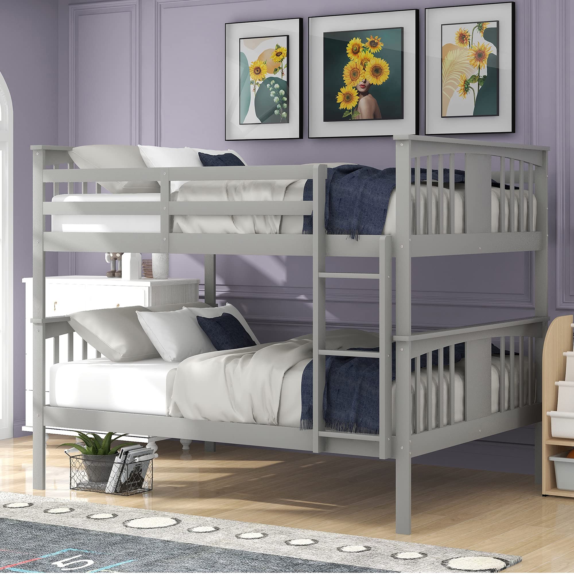 Merax Full Over Full Wooden Bunk Bed Frame with Ladder - Sturdy Twin Bunk Bed for Kids & Teens, No Box Spring Required (Gray) - Perfect for Small Bedrooms, Guest Rooms & Vacation Homes