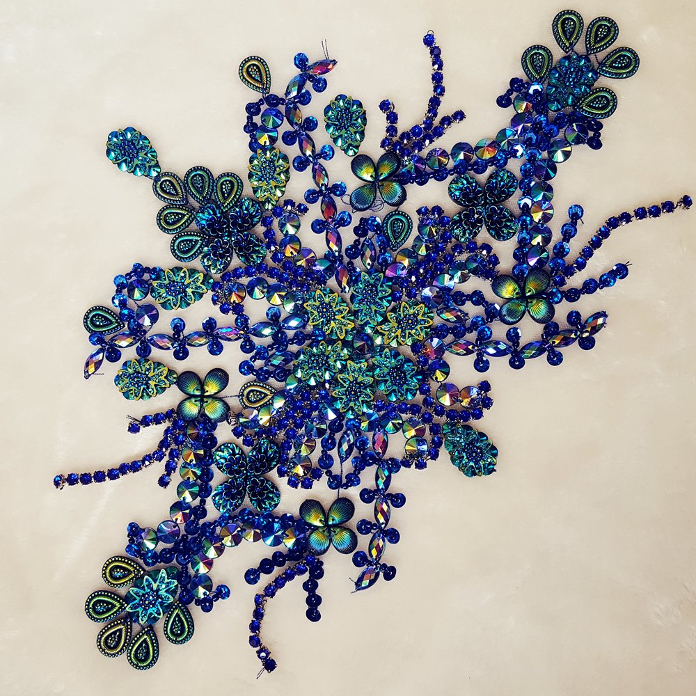 Handmade Beaded Crystal Patches - AB Rhinestone Appliques for DIY Sewing on Wedding Dresses, Belts & Waist Decorations (Blue) | Sparkling Sequins & Beads for Bridal, Costume & Craft Projects