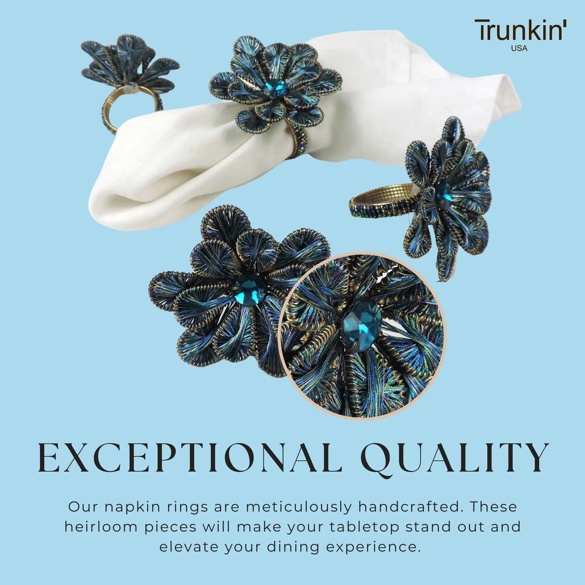 Elegant Light Teal Bling Napkin Rings - Set of 4 for Wedding, Party & Holiday Table Decor