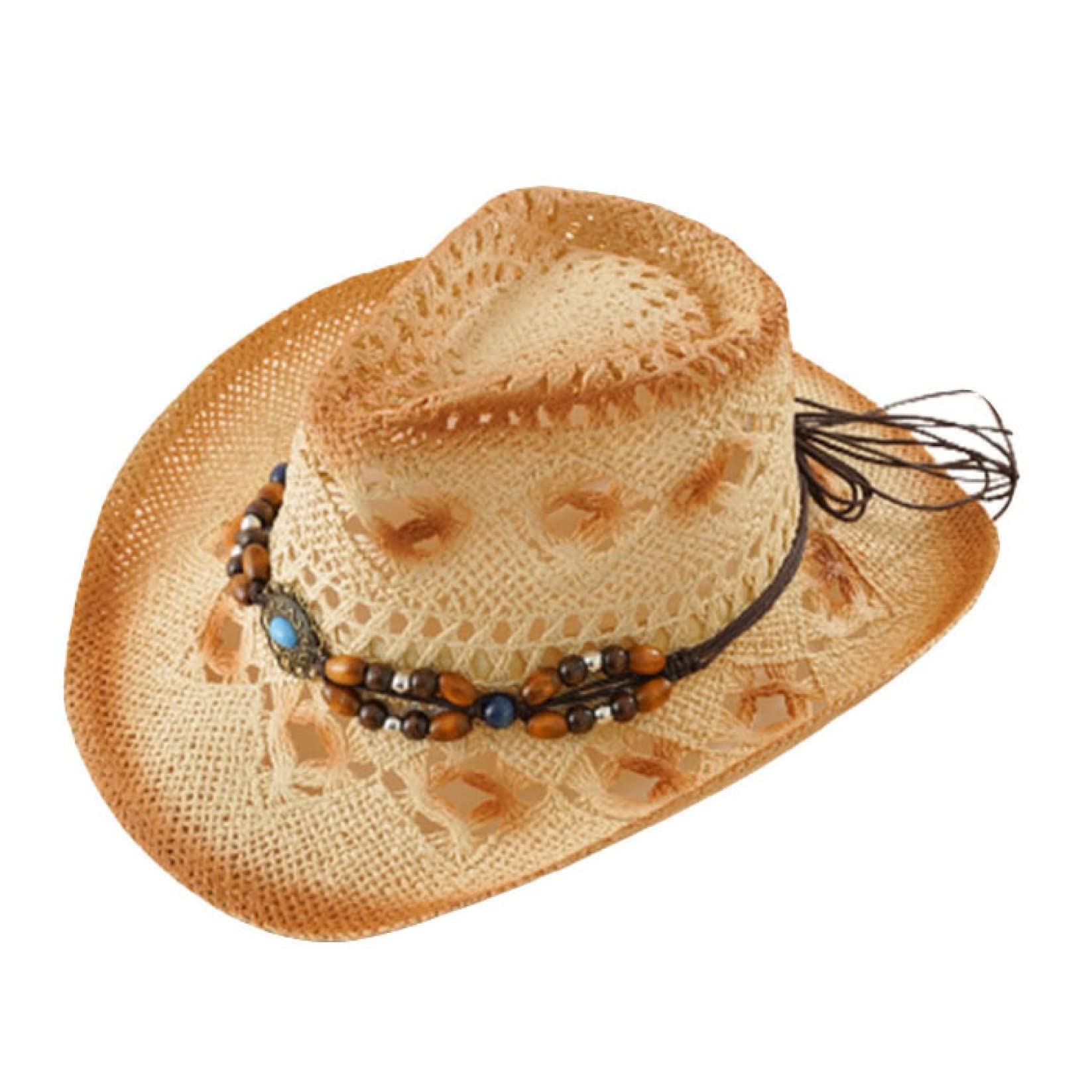 Stylish Cowboy Straw Hat with Beaded Tassel Belt - Western Sun Hat for Men & Women - Perfect for Beach Vacations, Summer Outings & Jazz Festivals