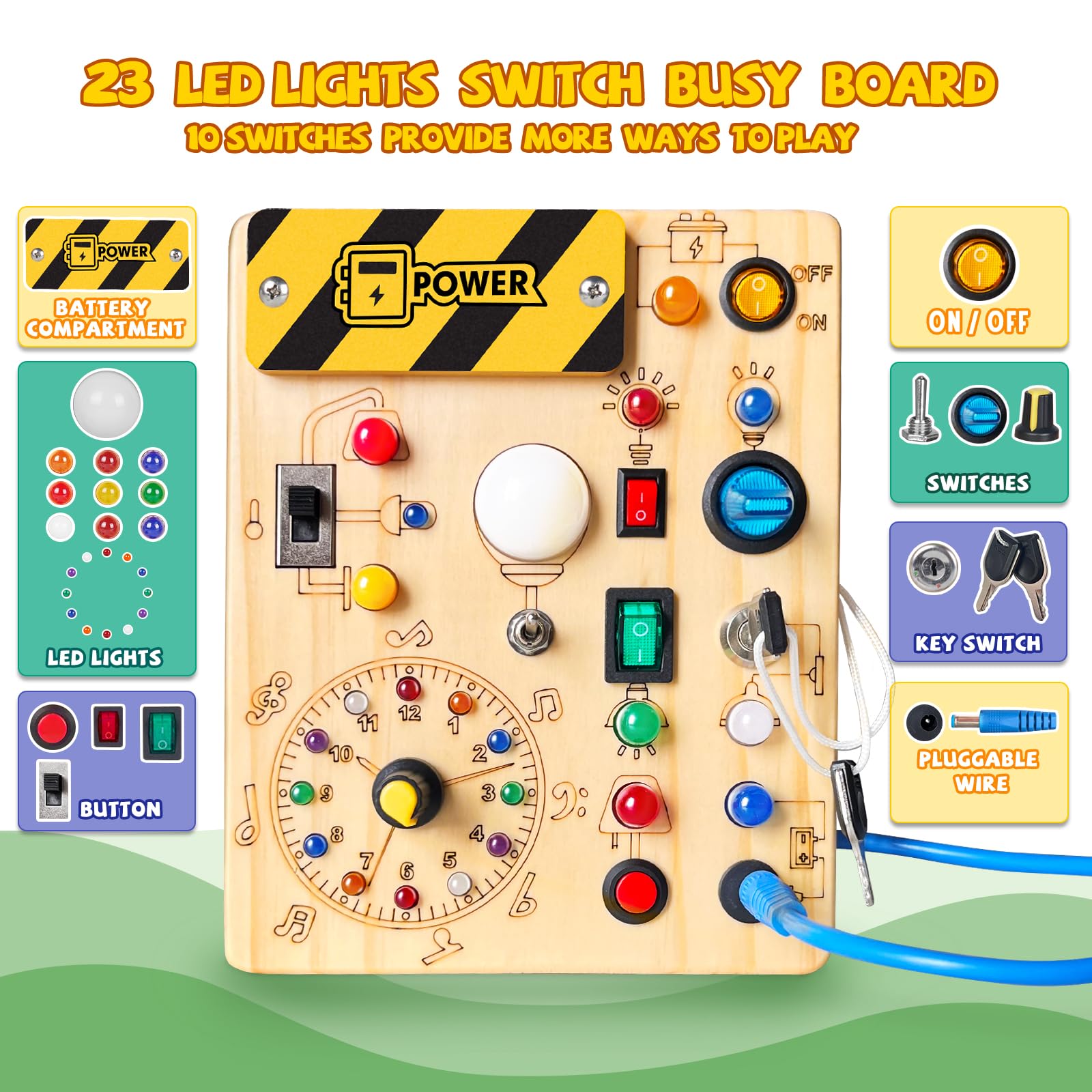 Montessori Busy Board for Toddlers 1-3 Years - Wooden Sensory Travel Toy, Educational Learning Activity Board - Perfect Gift for 1+ Year Old Boys & Girls (Busy Board Plus V2, Medium, Yellow) - Ideal for Airplane Travel, Car Rides & Home Playtime