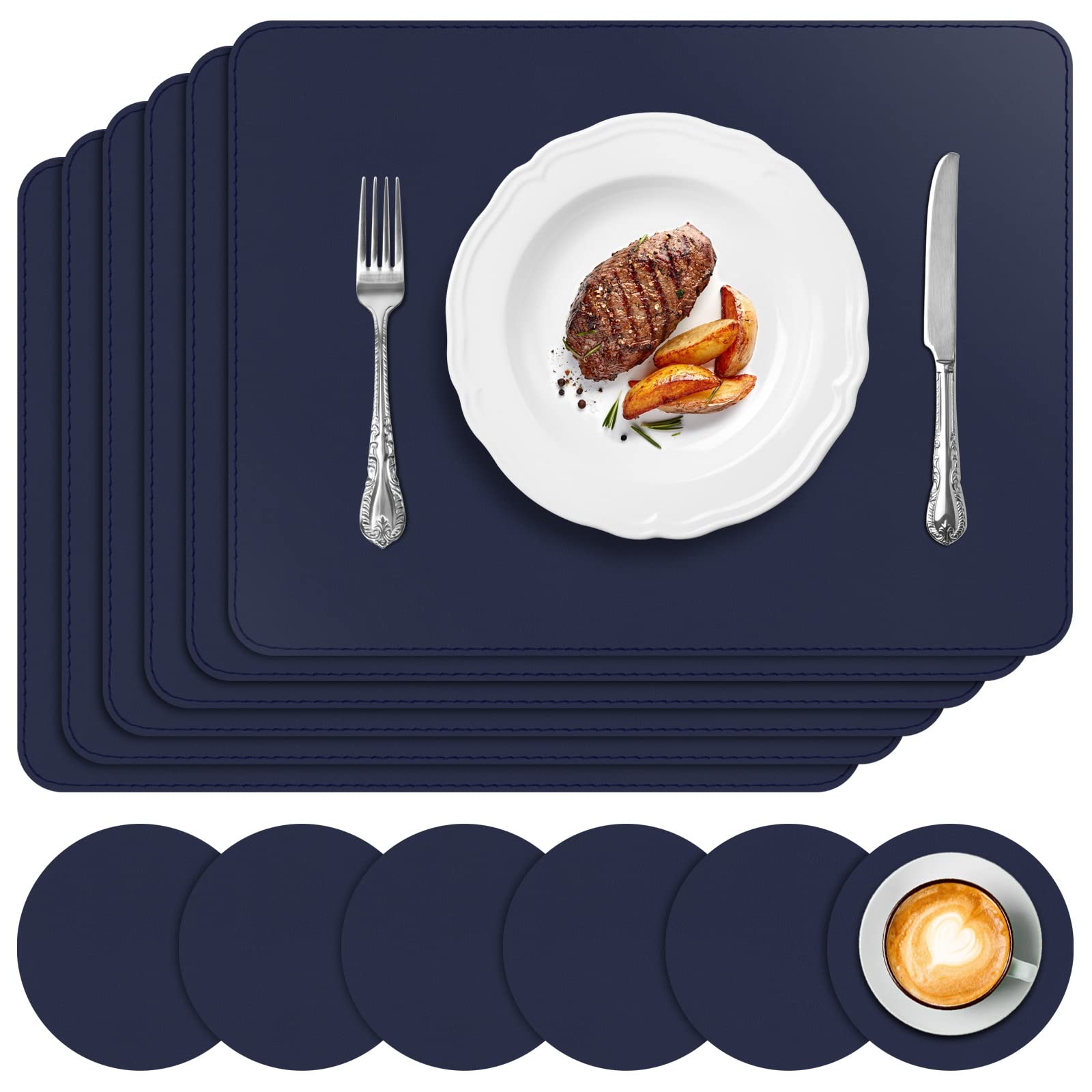 Premium Waterproof Faux Leather Placemats Set of 6 - Heat Resistant & Wipeable Table Mats for Kitchen Dining Decor - Navy Blue Vinyl Place Mats for Indoor Outdoor Use - Perfect for Dinner Parties, BBQs, and Daily Meals