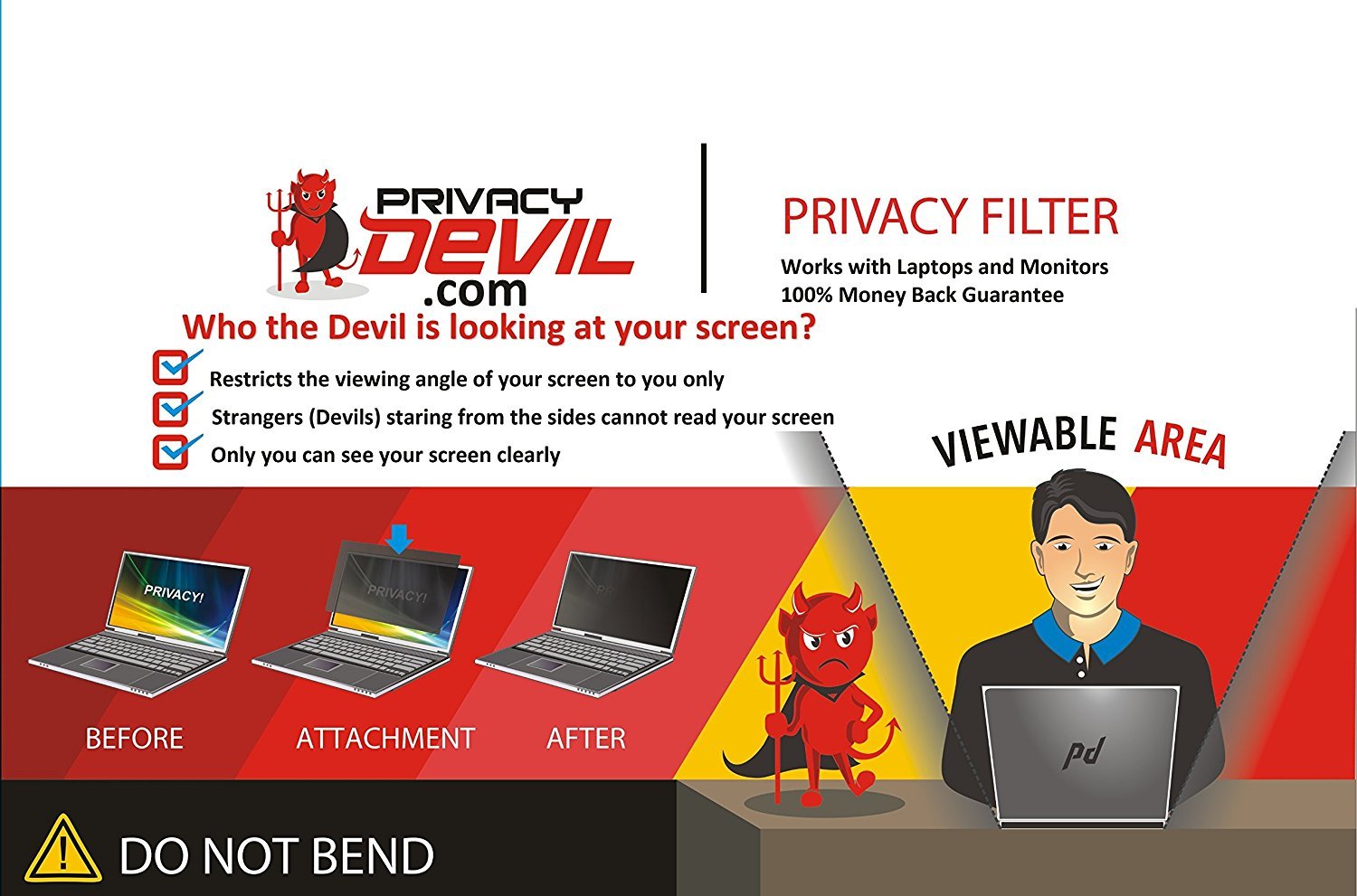 PrivacyDevil PD116W Laptop Privacy Screen Filter - Anti-Glare, Blue Light Blocking, HD Clarity for 15.6