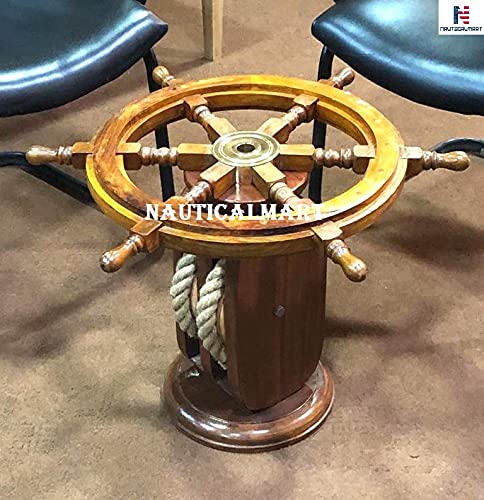 Nautical Ship Wheel Coffee Table with Rope Base - 24 Inch Rustic Coastal Decor for Living Room, Beach House & Cabin - Unique Nautical Furniture Centerpiece for Home & Office