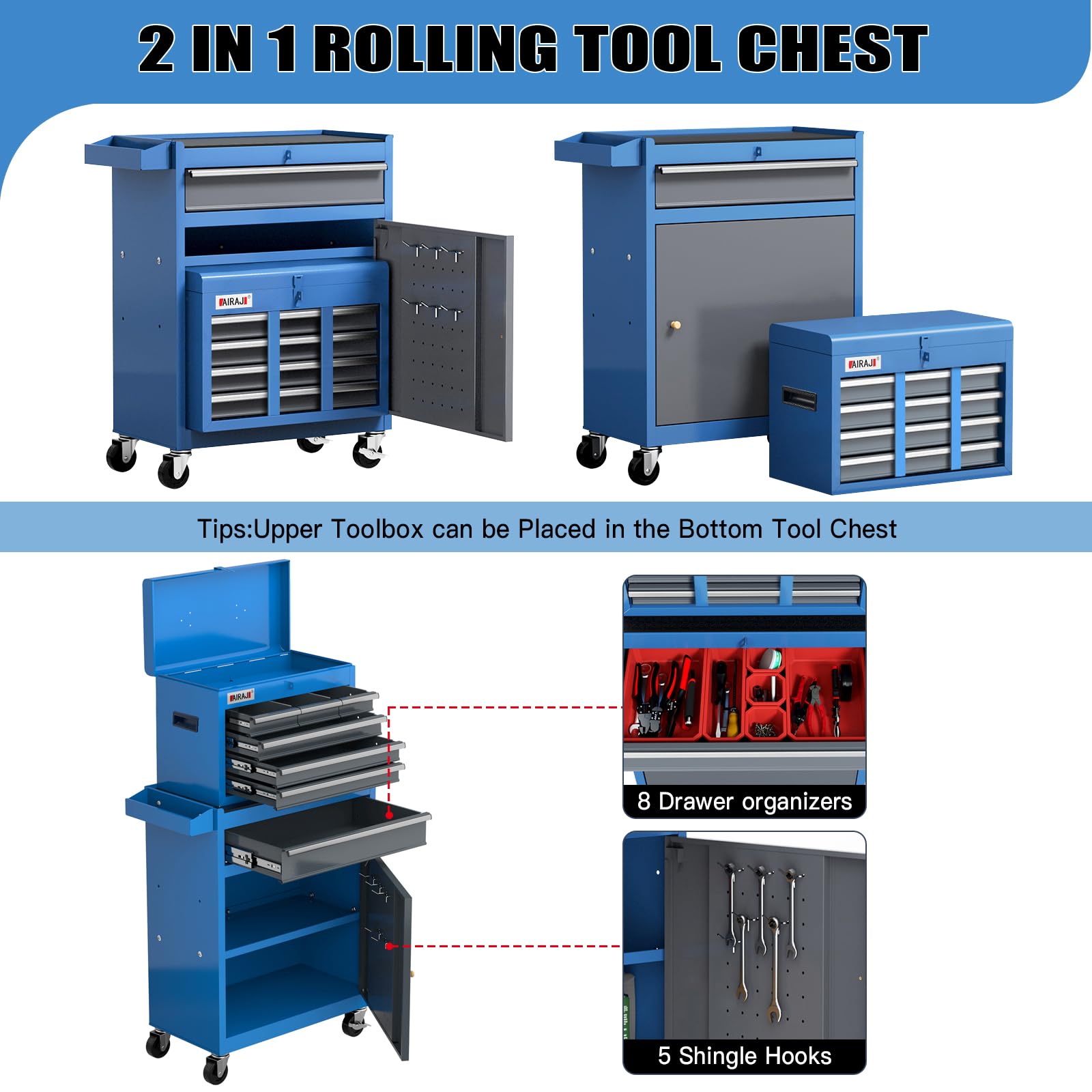 7-Drawer Rolling Tool Chest with Wheels, Locking System & Hooks - Heavy Duty Mobile Tool Storage Cabinet for Garage, Workshop & Auto Repair Shop - Blue Tool Box Organizer for Mechanics & DIY Projects