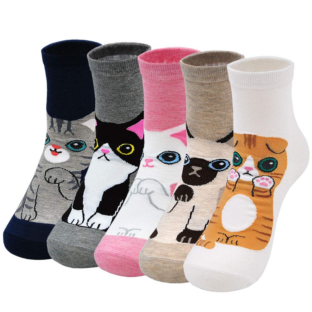 ZFSOCK Women's Cotton Animal Print Socks - 5 Pairs Cute Cartoon Dog Cat & Pizza Novelty Crew Socks for Girls & Ladies | Casual Wear, Gift Idea, Funny Fashion Accessory for Daily Outfits & Lounge