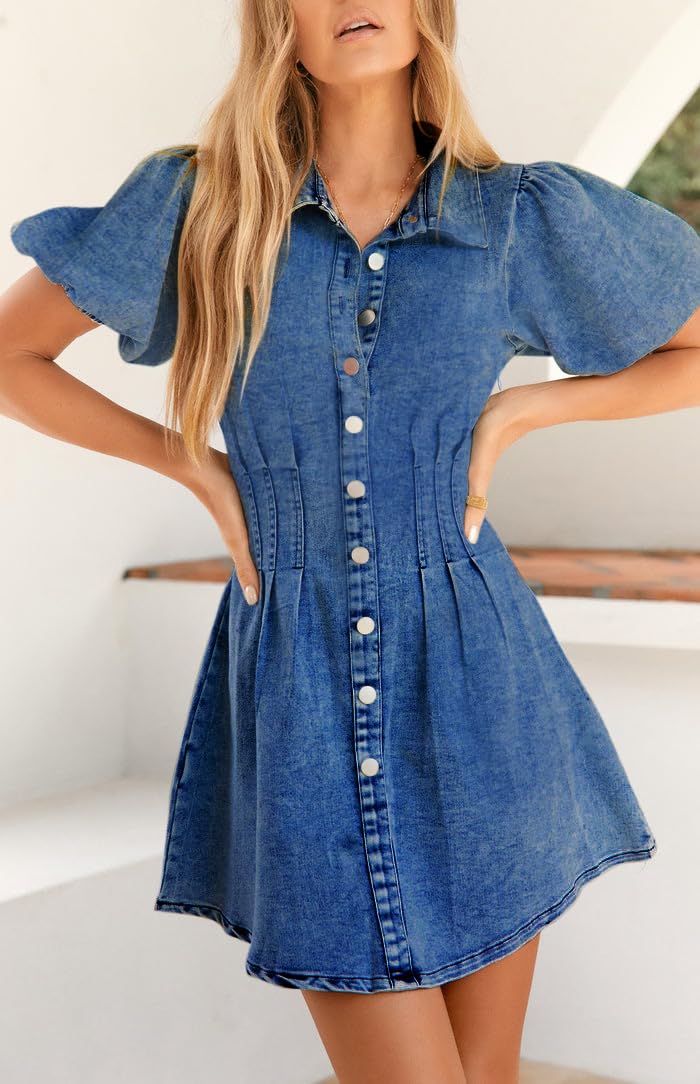 Women's KDF Summer Denim Dress with Puff Sleeves - Slim Fit Jean Dress for Casual Wear 2024 | Perfect for Beach Outings, Date Nights & Summer Vacations