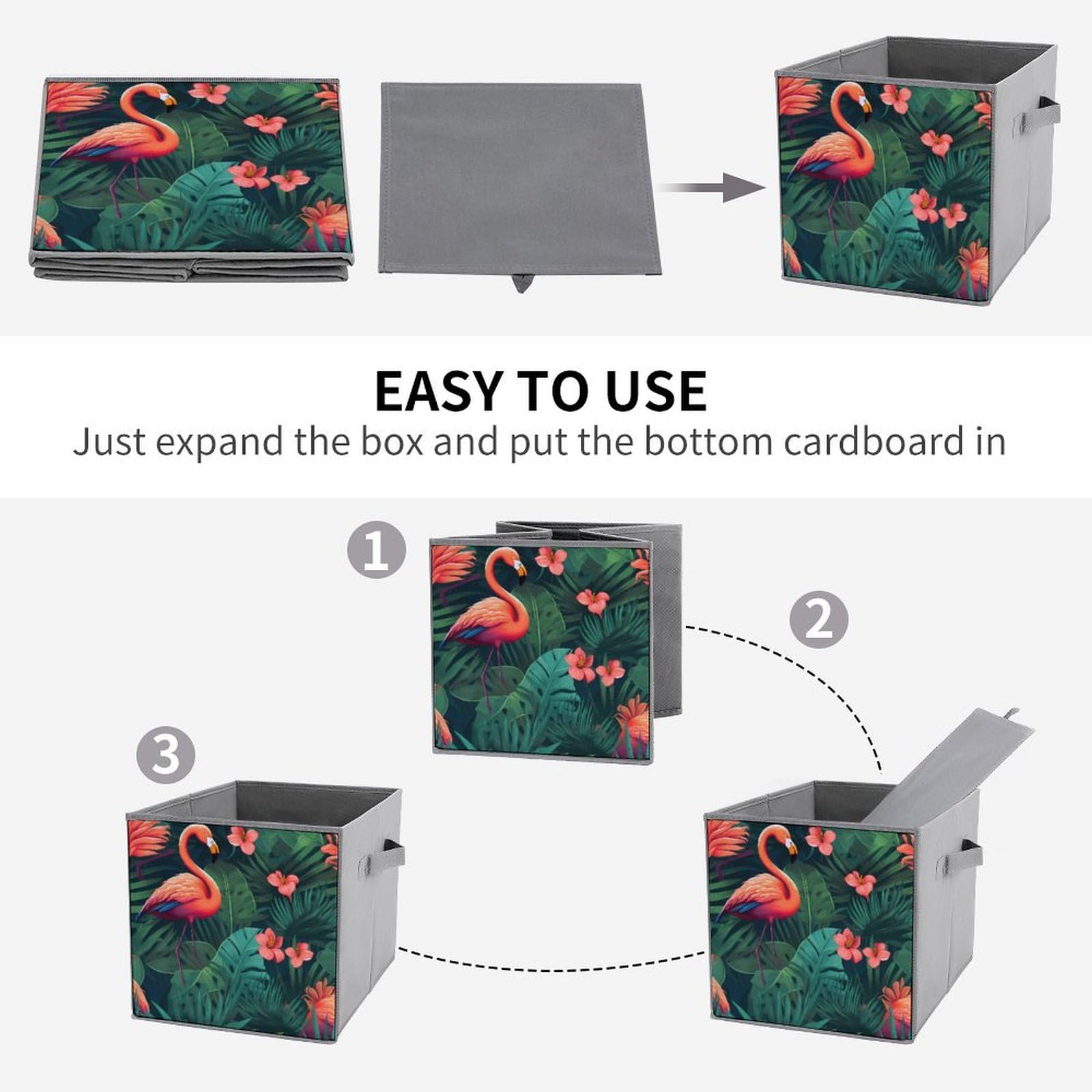 6-Pack Foldable Storage Cubes with Handles - Flamingo Tropical Flower Pattern Square Organizer Bins for Closet, Nursery, or Office Organization | Space-Saving Home Decor