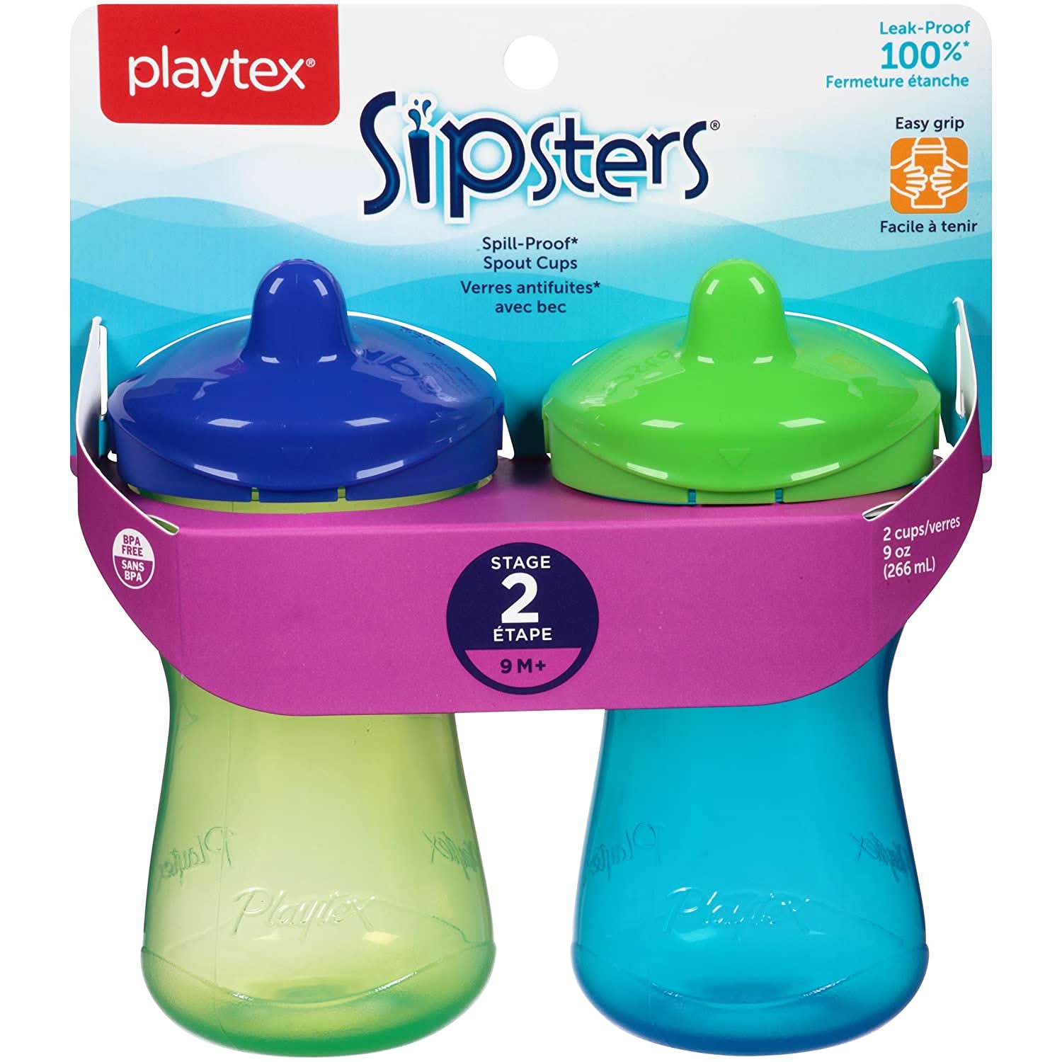 Playtex Stage 2 Hard Spout Sippy Cup 2-Pack - Green & Blue - BPA-Free Toddler Training Cups for Boys & Girls - Perfect for Daycare, Travel & Learning to Drink Independently
