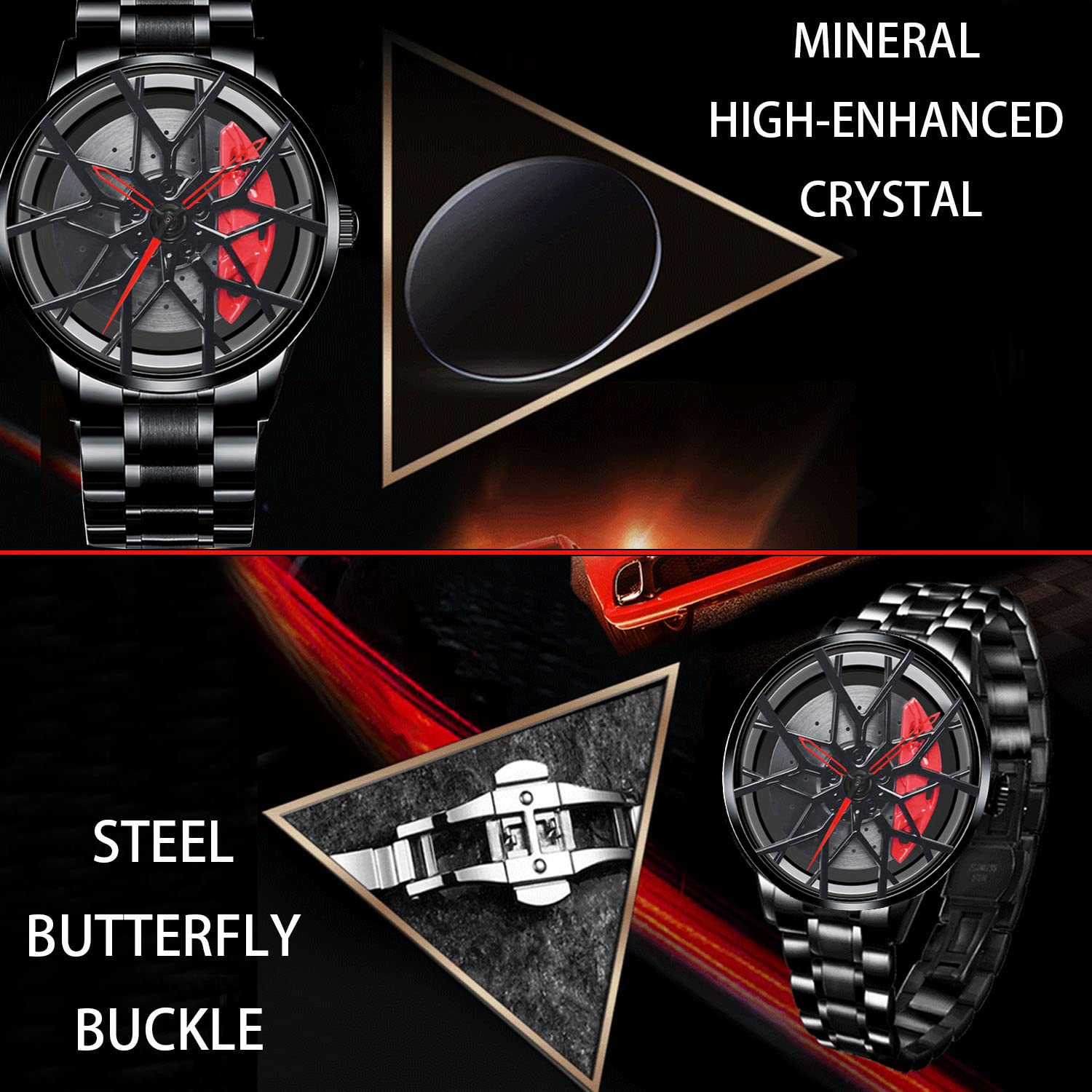 Men's Waterproof Stainless Steel Japanese Quartz Wrist Watch - Car Rim Hub Design Sports Watch for Running, Driving & Outdoor Activities