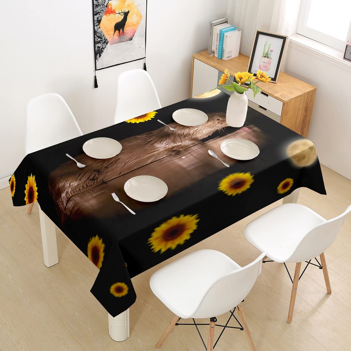 Cute Cartoon Otter Tablecloth for Kids - Moon & Sea Animal Themed Table Cover for Boys & Girls - Sunflower Wildlife Design - Kawaii Kitchen & Dining Decor - Rectangle 55x94 Inches - Perfect for Birthday Parties, Picnics & Home Decor