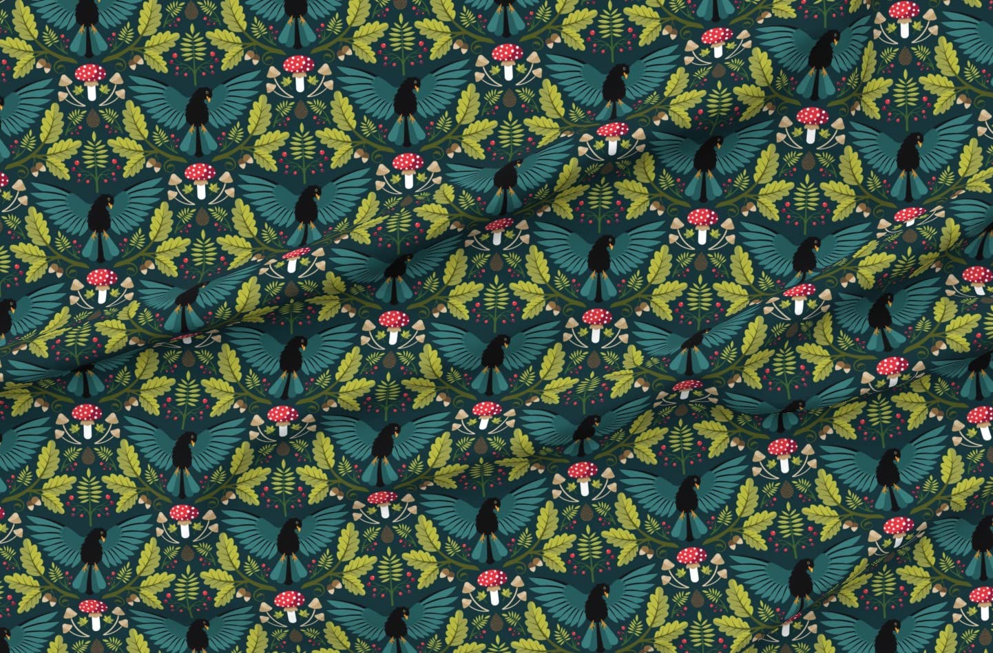 Mushroom and Blackbird Printed Satin Fabric Fat Quarter - Premium Sewing Material for Apparel, Lining, Fashion, Blankets & Home Decor - DIY Craft Projects & Quilting