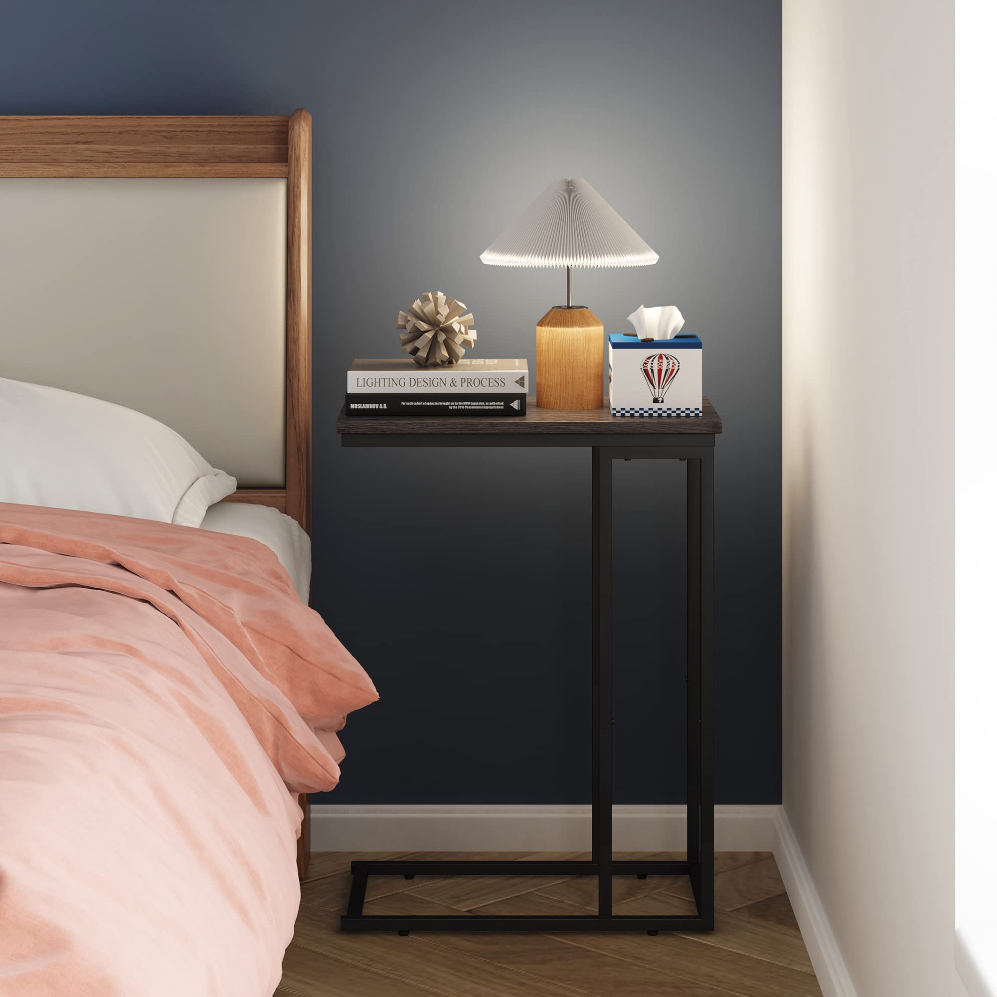 Slim Narrow C-Shaped End Table for Sofa & Bed - Slide Under Furniture, Small Space-Saving Side Table for Living Room, Bedroom, Office - Easy Assembly Grey - Perfect for Coffee, Laptop, Snacks & Reading