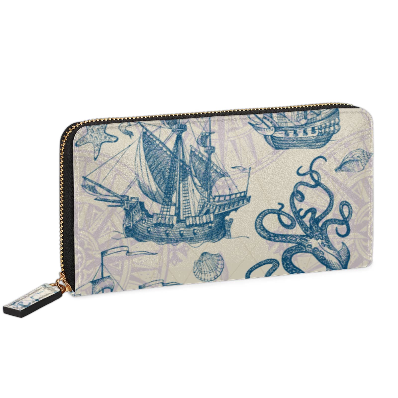 Vintage Nautical Sailboat Leather Wallet for Women - Large Credit Card Holder with Zipper Coin Purse & Phone Pocket - Slim Bifold Wallet for Everyday Use, Travel, and Gifts