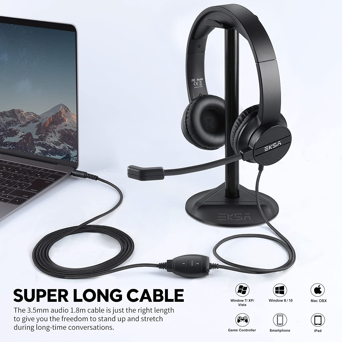 EKSA H12 Wired PC Headset with Microphone, 3.5mm Business Headset with Mute Button & Volume Control, Clear Stereo Sound for Office/Call Center/Home Office - Perfect for Skype, Zoom, Teams Meetings & Remote Work